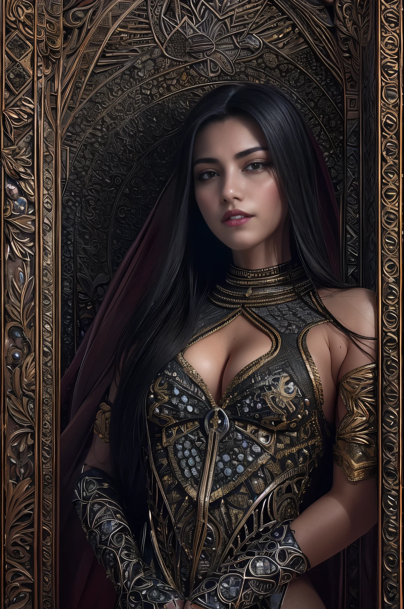 portrait, One beautiful age Saudi Arabian girl, (18 years old:1.3), stands in the grand hall of the palace, her hand casually resting on her slender waist. Her intricately designed gauntlets glint in the dim light, adorned with intricate and beautiful patterns. The garment covering her body is a complex and colorful biomechanical bodysuit, a testament to the advanced technology of her kingdom. Her slim and toned physique is accented by the fit of the suit, her moist skin appearing fresh and high freshness. Dark, thick eyebrows frame her beautiful, big purple eyes, which sparkle with an ecstatic expression. (jet black hair:1.5) Her ultra-detailed eyes, intricate artwork, ultra realistic realism, high resolution, High freshness, drawing faithfully, official art, Unity 8K Wall paper, ultra detailed artistic photography, grabbing on her breasts by herself, (the most erotic photo in the world:1.4), (Vampire-like long canine teeth can be glimpsed through the gap between the cute lips:1.6), ecstatic expression, (Climax expression during intercourse:1.5)