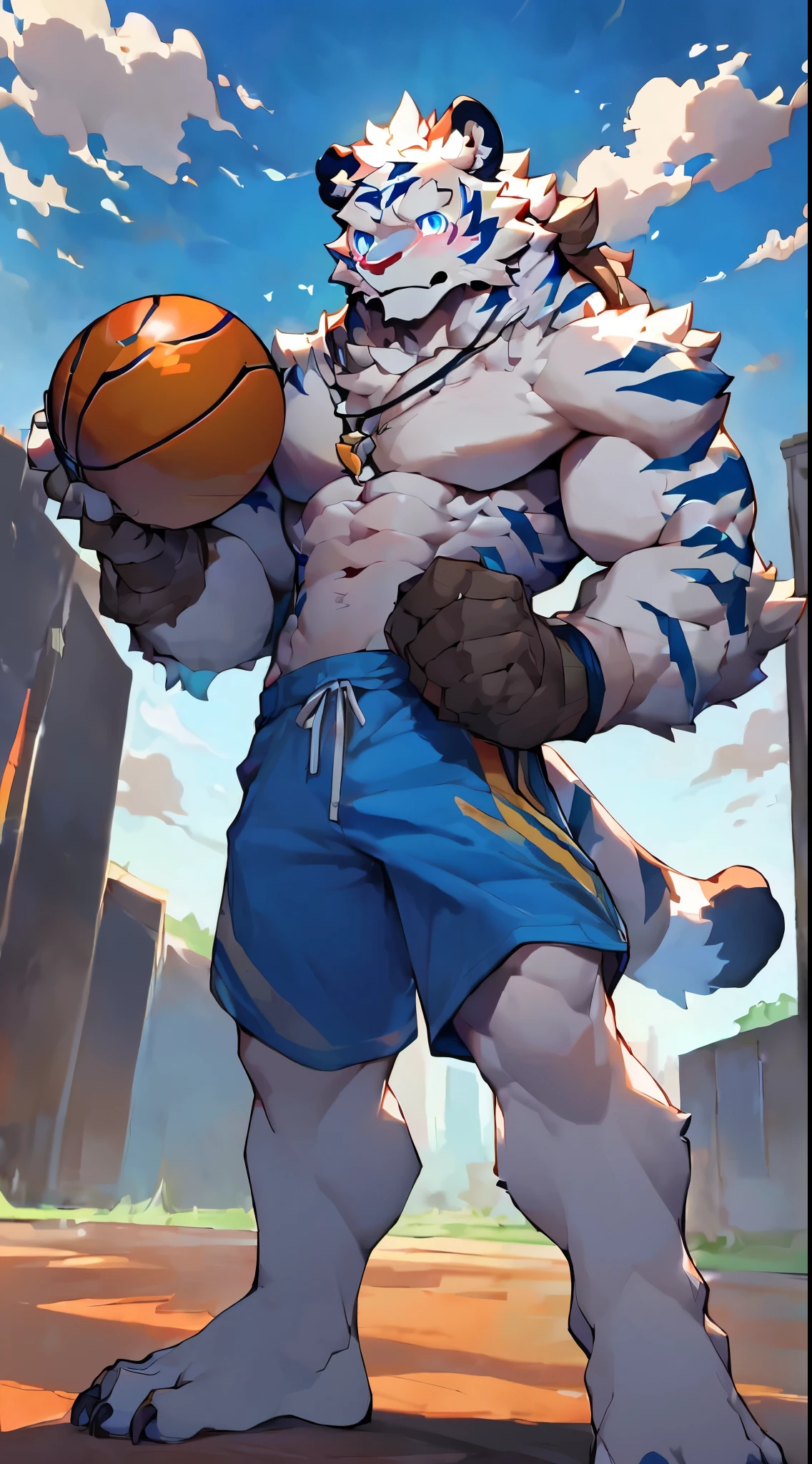 furry，Bright Eyes，delicate eyes，hairy，the white tiger，solo focus，Tail，Claw，Theropods，tiger feet，Tiger claw，tiger&#39;s feet，Bug&#39;s Eye View， On the basketball court，一头the white tiger，White tiger，Whole body，White fur，Black stripes，male，high school student，sports student，tough guy，Rough man，Humble，Lovely，Handsome，sunny，august，Domineering，Tall and strong，Large pectoral muscles，8-pack abs，Blue pupils，Blushing，Shy，nervous，half naked，Shirtless，shirtless，no clothes are worn，barefoot，erectile，tempting，Wearing blue and white sports shorts，alone，intoxicated，pant，in motion，Playing basketball