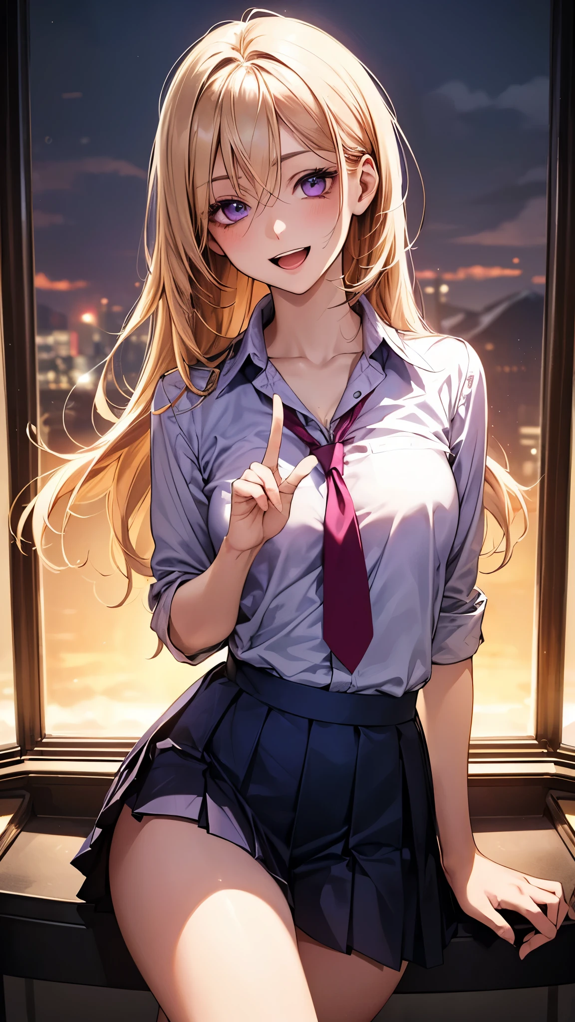 (masterpiece:1.2, top-quality), (realistic, photorealistic:1.4), beautiful illustration, (natural side lighting, movie lighting), ,
(looking at viewer), 1 girl, japanese, high school girl, perfect face, cute and symmetrical face, shiny skin,
(long hair:1.5, straight hair:1.7, blond hair), hair between eyes, purple eyes, long eye lasher, (large breasts:0.6), five fingers,
beautiful hair, beautiful face, beautiful detailed eyes, beautiful clavicle, beautiful body, beautiful chest, beautiful thighs, beautiful legs,
((light purple collared shirt, navy pleated skirt)), dark purple tie,
(beautiful scenery), evening, amusement arcade, (peace sign, lovely smile, upper eyes, open mouth),