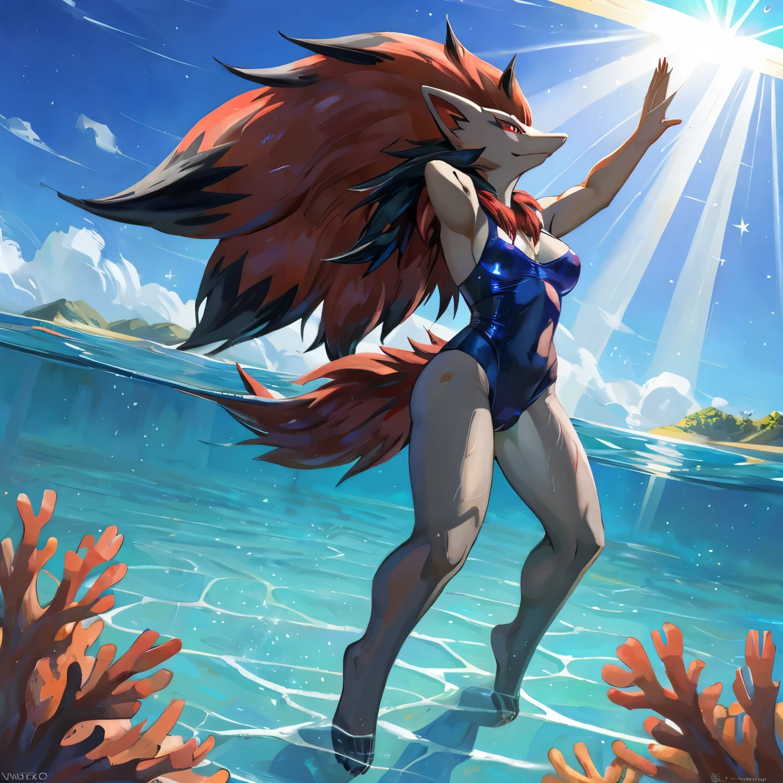 [by juiceps], nsfw, Female, solo, wolf, fluffly, furry, 18 years old, perfect proportions, beautifull drawing, masterpiece, zoroark "In the magical setting of a coral reef, the female zoroark is swimming gracefully in crystal-clear water, dressed in a swimsuit that blends with the vibrant tones of the surrounding corals. The sun's rays penetrate the waters, creating sparkles that dance over your skin and reflect the variety of colors of the reef. In an elegant and ethereal pose, the female zoroark interacts with the exotic marine life around her. Curious tropical fish approach as she strikes dynamic poses, turning each movement into an aquatic dance. The play of light and shadow underlines the beauty and grace of his gestures."