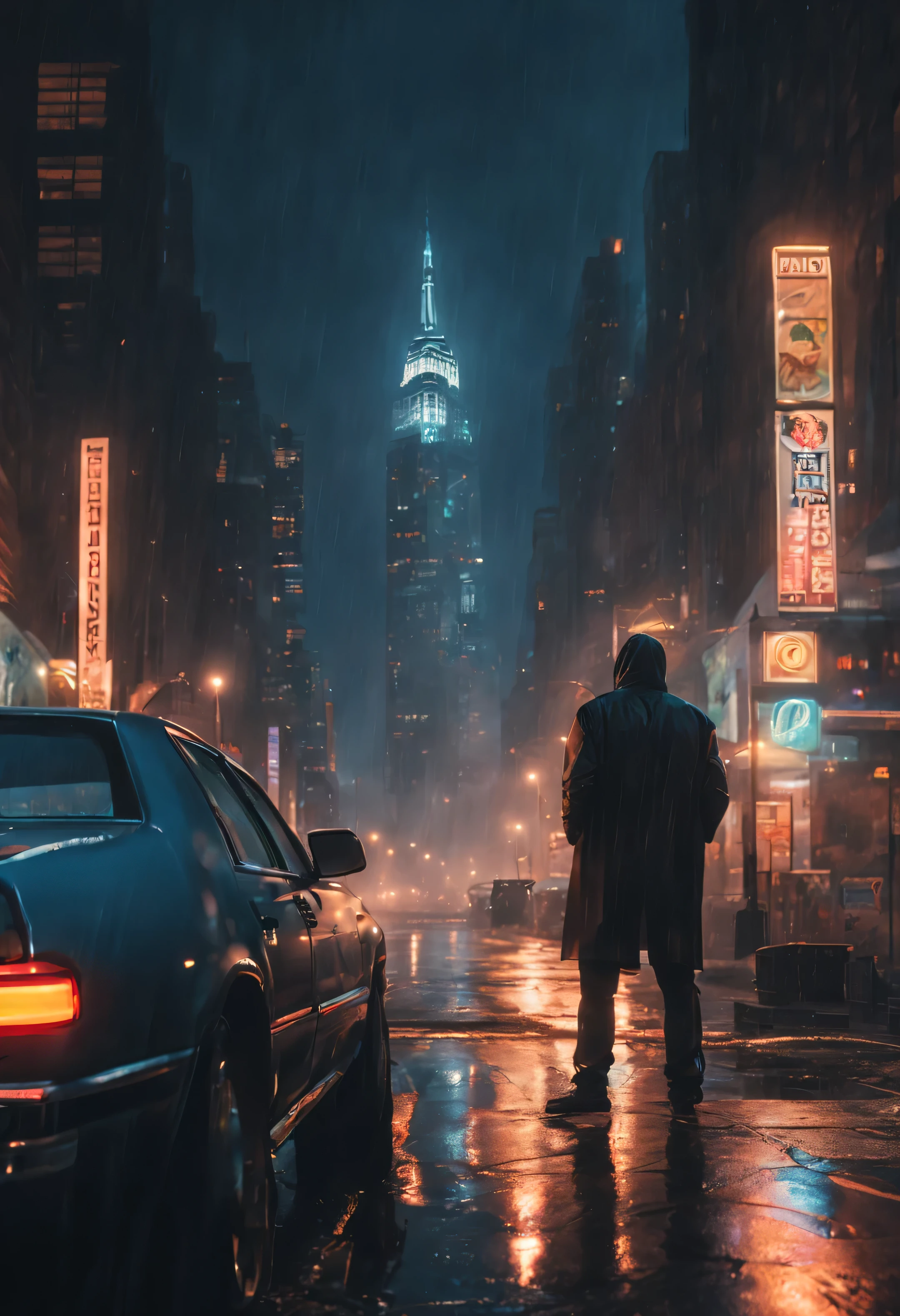 Personal view of a man leaning against his car while smoking and enjoying a city with lots of lights on the buildings, Cidade desenvolvida nos Estados Unidos, CIDADE with tall buildings in NY, amazing wallpaper, CIDADE, CIDADE with towers, foto hiper realista de uma cidade , nova cidade americana, por Raymond Han, noite chuvosa, torre estilo Cyberpunk, beautifully lit buildings, at evening during rain, beautiful and aesthetic, fotografia, cinematographic, 8k, altamente detalhado ((chuva pesada)))
