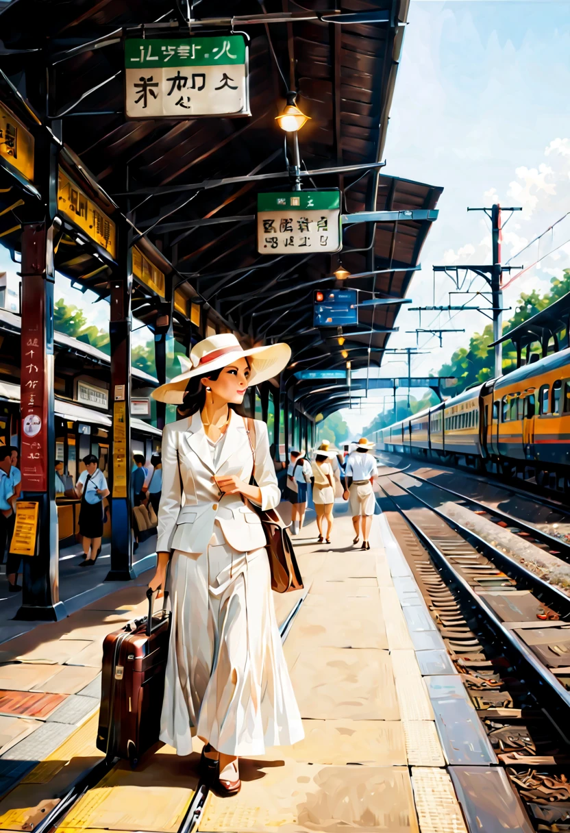 On the go.waiting for the train to arrive..waiting for the train to arrive..There is a man wearing a white casual long skirt suit, a sun hat and a suitcase waiting for the train.,Railway station scene tourism aesthetic, Color photos, Color film street photography, Hyperrealistic Film Photography, Portra 800 Street Photography,No splashing, dreamlike realism, (best quality,4K,8k,high resolution,masterpiece:1.2),Super detailed,(actual,photoactual,photo-actual:1.37),