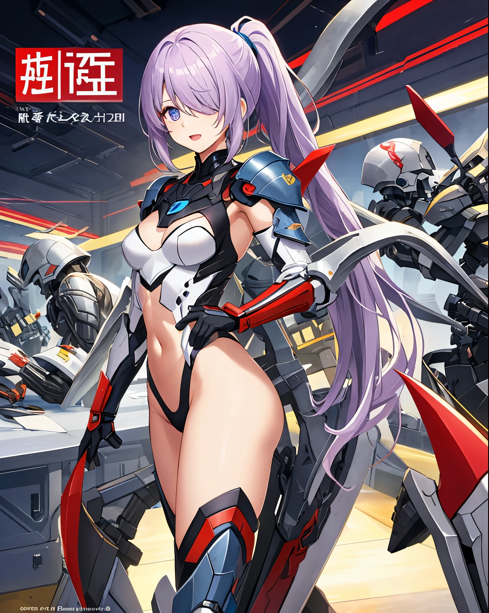 ,1figure_girl,(:1.5), (short_ponytail:1.3), (light_whitish_purple_hair:1.3),black_mechanical_armor_parts,white_breasts_parts_red_black_body_suit,bare_shoulder,bare_slender_thighs,medium_breasts,on_the_desk, desk_background,Stinging_eyes,(half_pupil:1.5),sleepy,thighhigh_greaves,gauntlets,dynamic_posing,bare_frank,metal_red_parts_armor,red_eye,
fists,hold_weapon,glare,navel,large_mechanical_parts,happy,waist_armor,open_mouth,rise_legs,apart_legs, (covered_navel:1.3),(very_long_bangs:1.3), (hair_over_one_eye:1.5),(long_bang_covers_right_half_of_face:1.5),
(covered_pussy:1.1),covered_breasts,armpits,