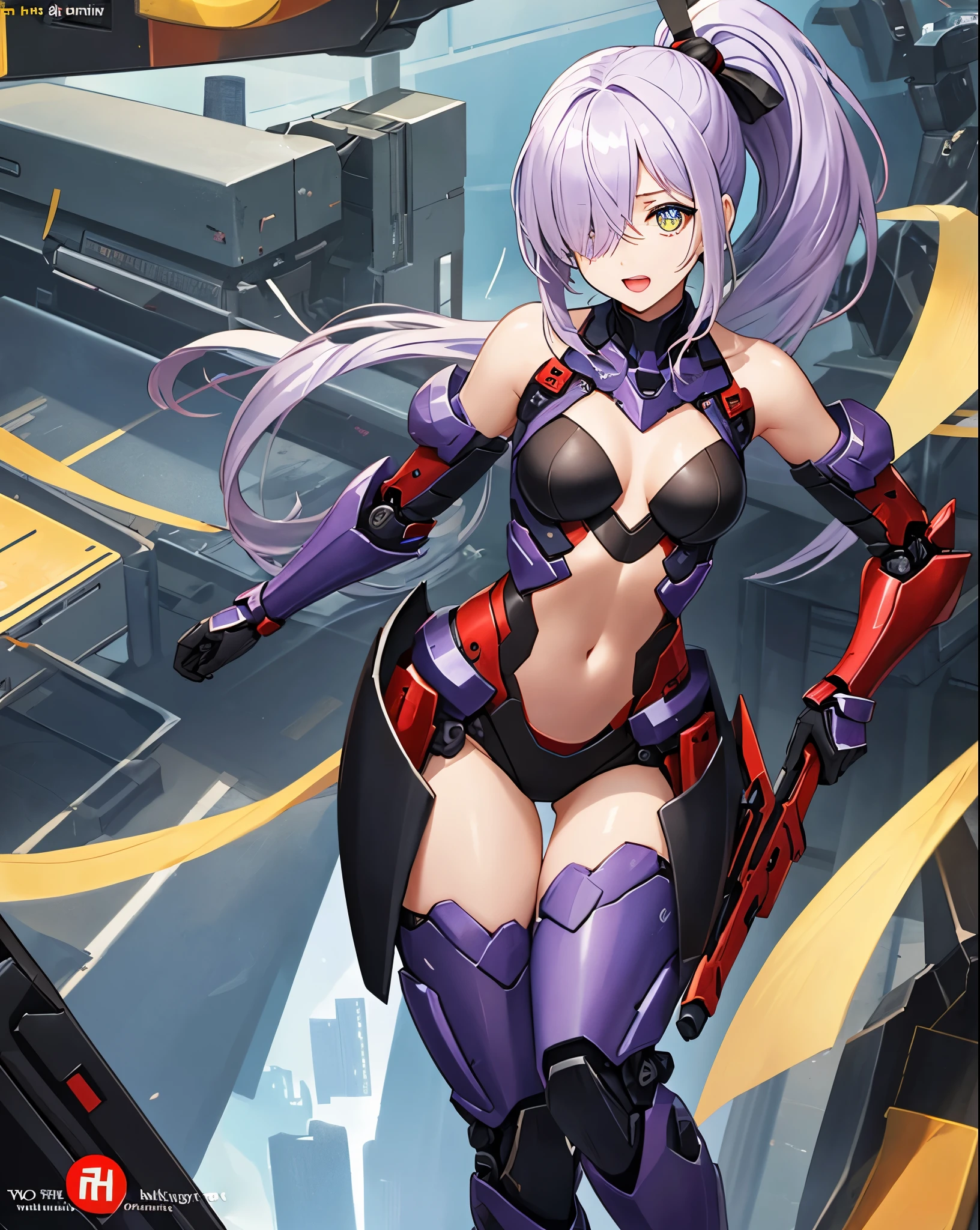 ,1figure_girl,(:1.5), (short_ponytail:1.3), (light_whitish_purple_hair:1.3),black_mechanical_armor_parts,white_breasts_parts_red_black_body_suit,bare_shoulder,bare_slender_thighs,medium_breasts,on_the_desk, desk_background,Stinging_eyes,(half_pupil:1.5),sleepy,thighhigh_greaves,gauntlets,dynamic_posing,bare_frank,metal_red_parts_armor,red_eye,
fists,hold_weapon,glare,navel,large_mechanical_parts,happy,waist_armor,open_mouth,rise_legs,apart_legs, (covered_navel:1.3),(very_long_bangs:1.3), (hair_over_one_eye:1.5),(long_bang_covers_right_half_of_face:1.5),
(covered_pussy:1.1),covered_breasts,armpits,