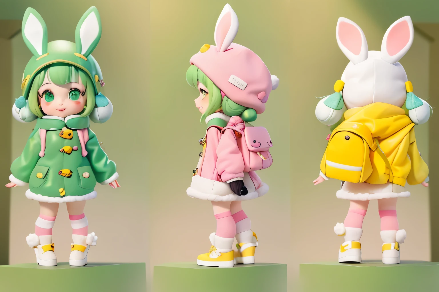 backpack, green eyes, green hair, bag, socks, white footwear, hat, rabbit ears, 1girl, animal ears, long sleeves, shoes, animal hat, green coat, twintails, short twintails, kneehighs, multiple views, hood, standing, looking at viewer, female child, low twintails, closed mouth, rabbit hood, sleeves past wrists, bunny hat, boots, coat, pink footwear, animal bag, animal hood, smile, child, profile, green headwear, bangs, fake animal ears, jacket