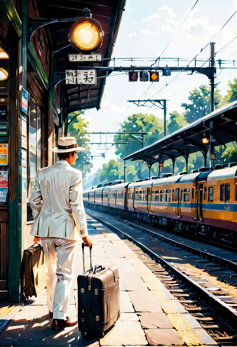 On the go.waiting for the train to arrive.There is a man wearing a white casual suit, a sun hat and a suitcase waiting for the train,Railway station scene tourism aesthetic, Color photos, Color film street photography, Hyperrealistic Film Photography, Portra 800 Street Photography,No splashing, dreamlike realism, (best quality,4K,8k,high resolution,masterpiece:1.2),Super detailed,(actual,photoactual,photo-actual:1.37),