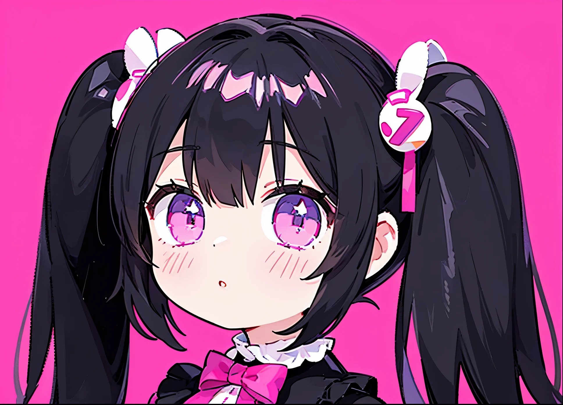 ((central)), ((face to face)), ((up shot)), masterpiece, dressed in Gothic ta clothes, black hair twintails, neon eyes, pink eyes, Solo, One girl, light pink solid color background, invisible hands, 17 y