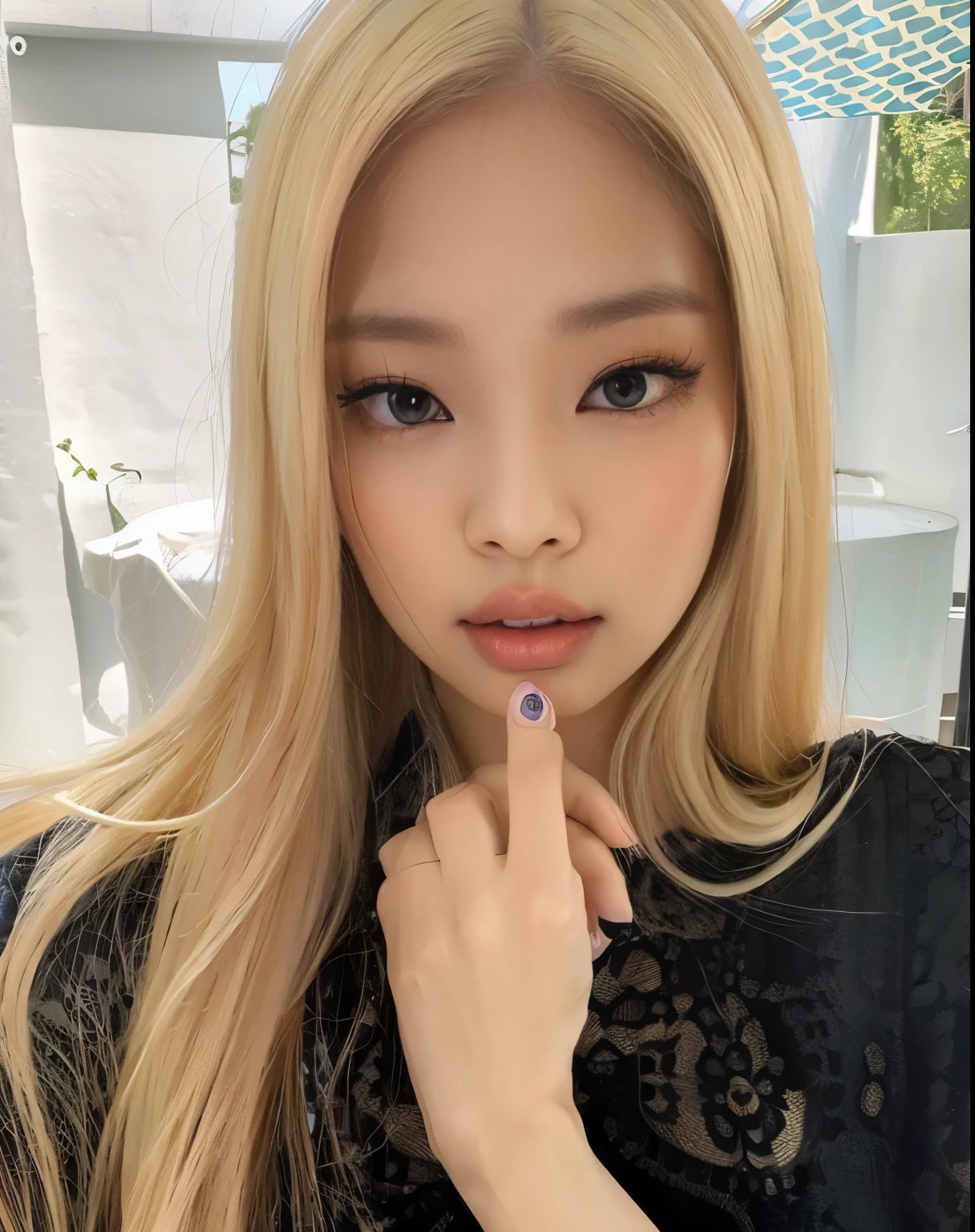 Jennie de blackpink, posando para la foto, cabello rubio y largo, long pink false nails, ojos azules