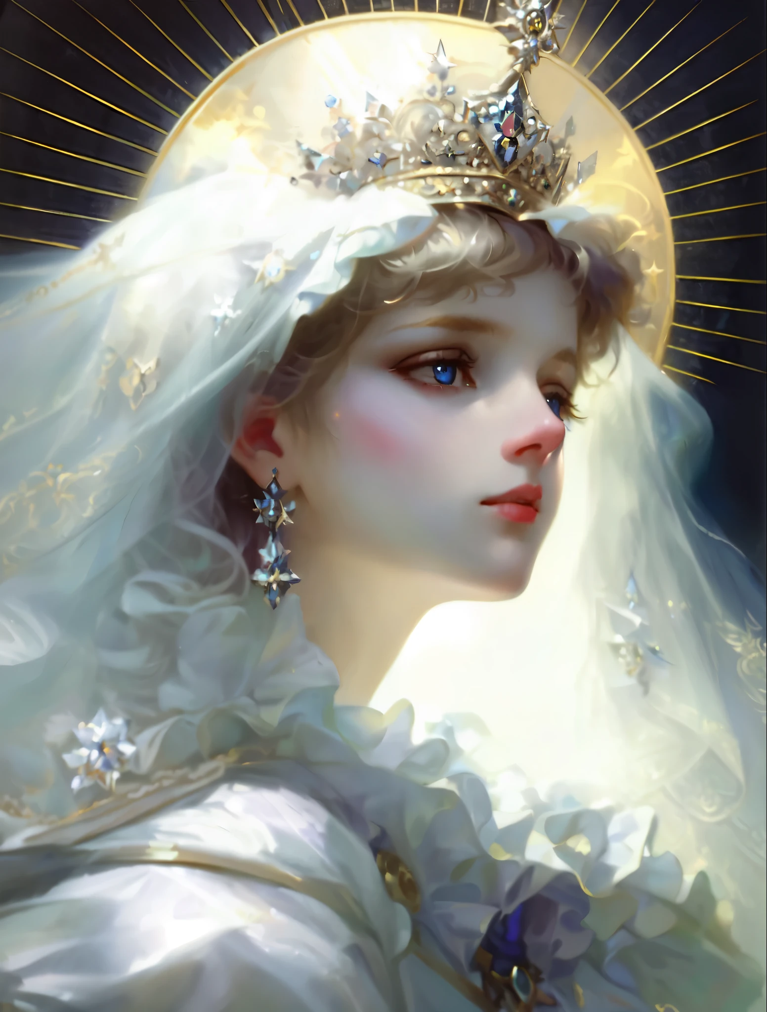 Close-up of a woman wearing a veil and crown, noble saint, art of edouard bisson, Gurwitz Masterpiece, baroque figures, Krenzkushat, slav epic, portrait of virgin mary, wop art, Portrait of a beautiful goddess, Portrait of a beautiful angel, Artem and William Bouguereau,beautiful aqua blue eyes,