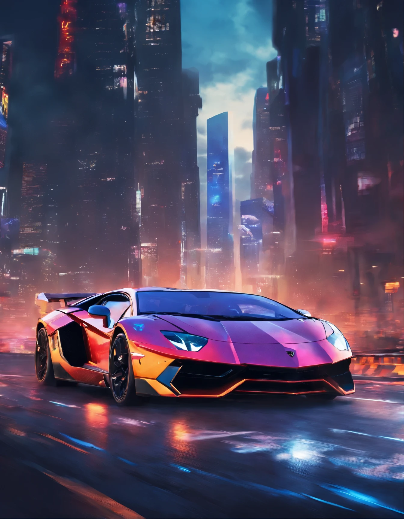 (Best quality, 8k, Masterpiece :1.2), hyper realistic, cyberpunk, at a mountain, an detailed lamborghini aventador SV, Speeding on the highway, (Facing the audience), The blue skyscraper in the background, at night,
