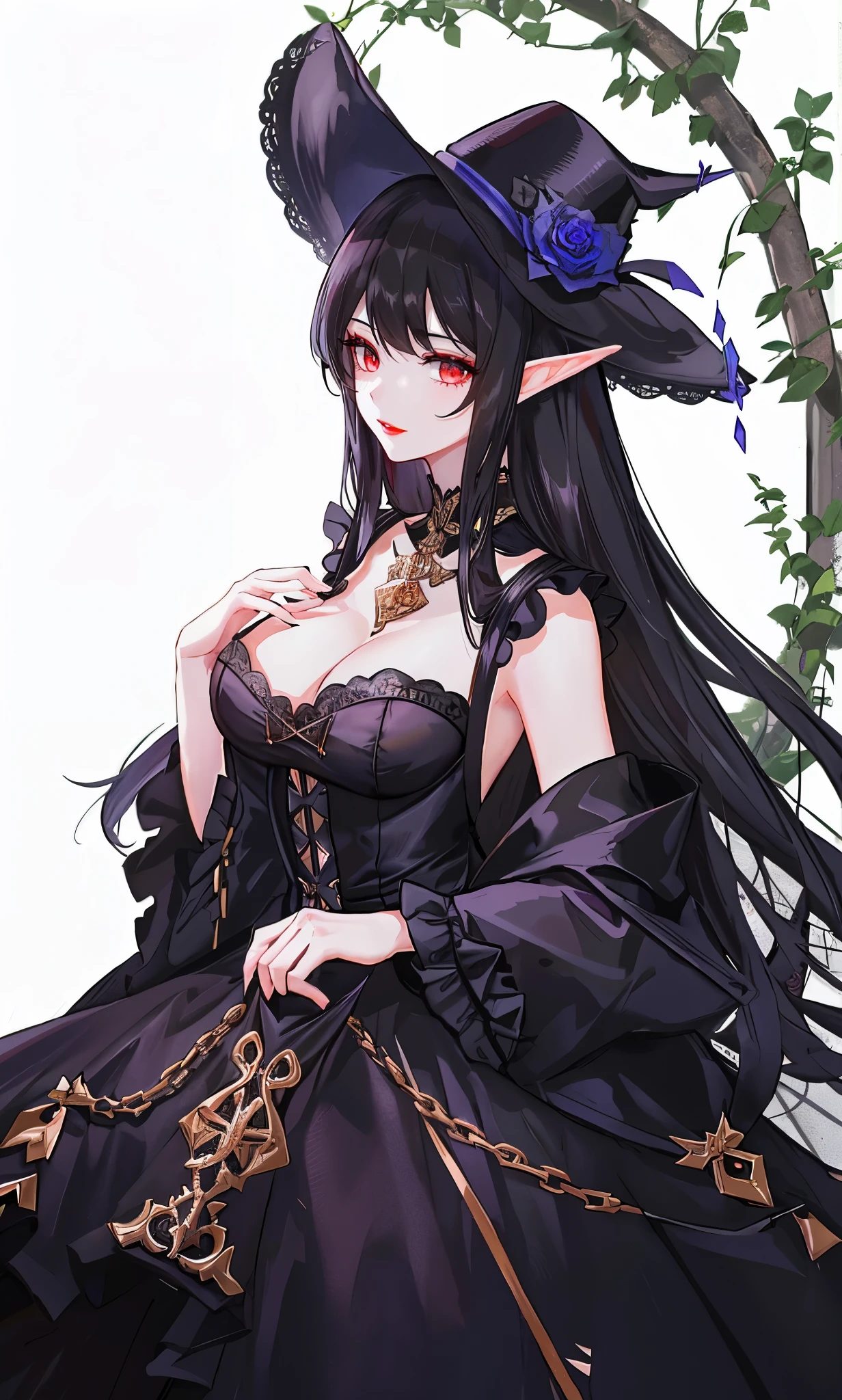 long black hair,close up,dream world,Elf royal sister,red lips,long black hair凌乱的发丝,Nice red eyes,ruins background,Black Rose Garden,grace,Manicure,Huge wide-brimmed black hat,(Black lady hat),necklace,humanoid,Baroque, Her skin is very white, fair complexion,(Black lace long dress,Black lace suspenders),pointed toe high heels,