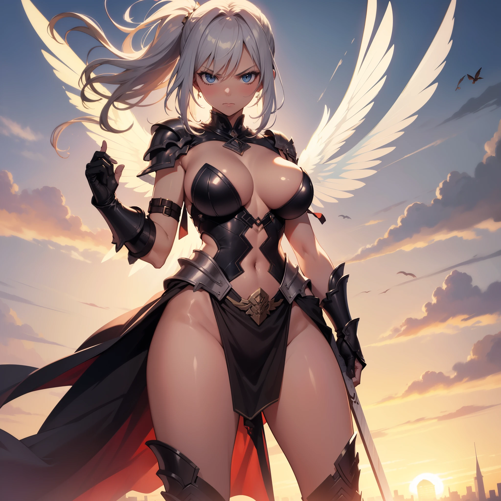 fantasy, 1angel_girl, brown_ponytail_hair, (dark_skin:1.1), bare_shoulder, navel, thigh,silver_shiny_armor, white_clothes,waist_armor, glebe, hold_swords, big_tits, angry, dynamic_fighting_pose, floating, (1pair_white_wings:1.2), sunrise_city_background,(pelvic_curtain:1.3), headgear, large_ass,apart_legs,solo,nsfw