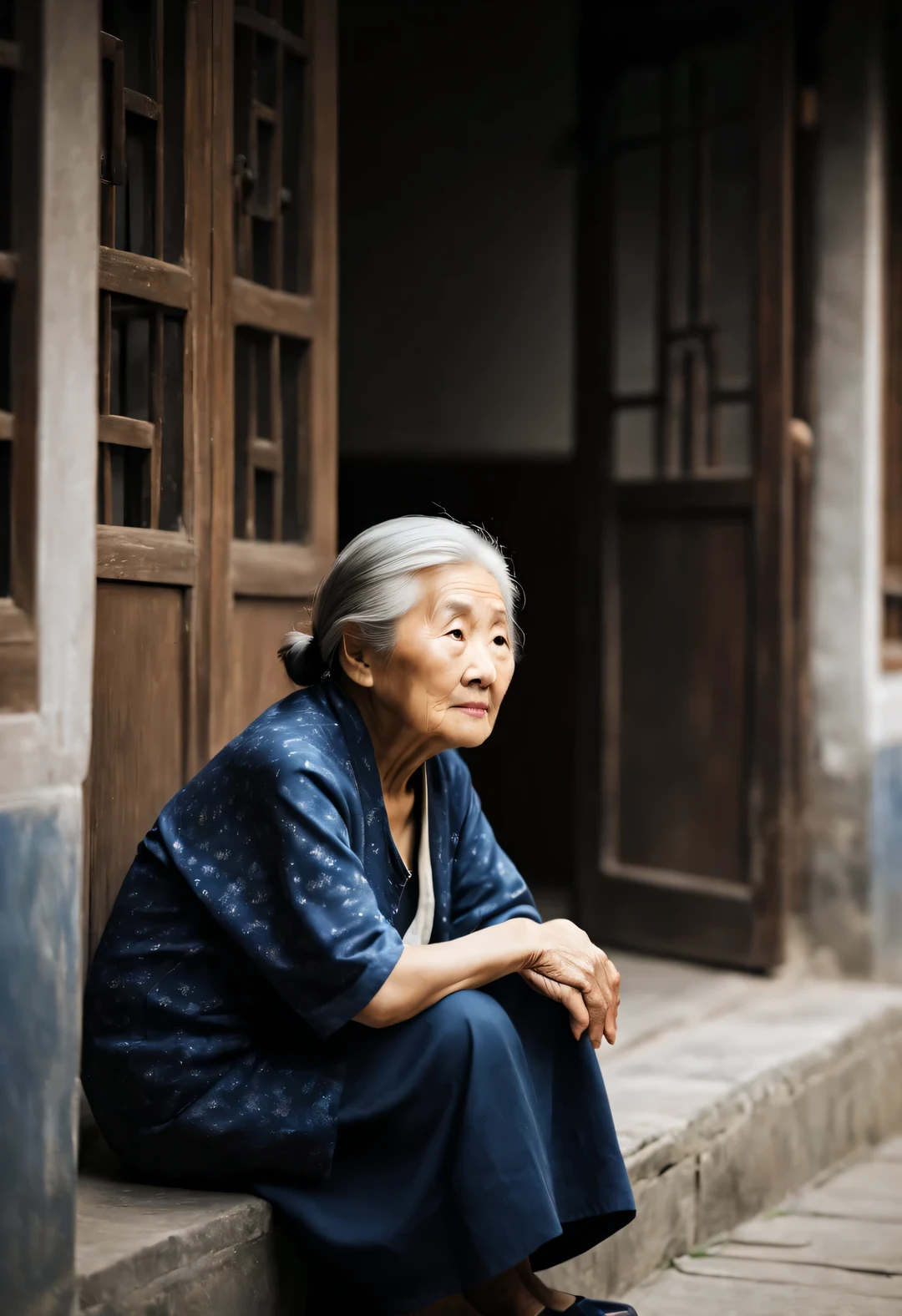 Vintage photography style ，An old Chinese grandmother waits anxiously，expression bleak，Deep in the courtyard，High contrast lighting，Depth of field and people in the distance