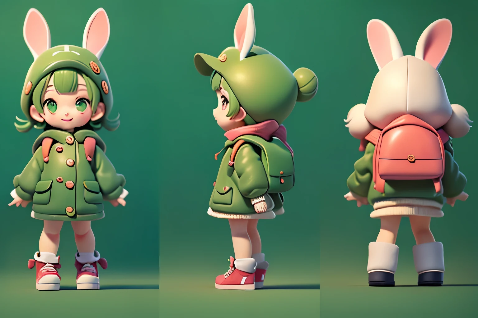 Backpack,green eyes,green hair,bag,sock,白色shoe,hat,bunny ears,1 girl,animal ears,long sleeves,shoe,动物hat,绿色coat,double tail,短double tail,kneehigh,multiple views,hood,standing,looking at the audience,Girl child,低double tail,Keep your mouth shut,兔子hood,sleeves over wrists,兔子hat,boots,coat,粉色shoe,animal pack,动物hood,Smile,child,side,green headwear,Bangs,假animal ears,jacket