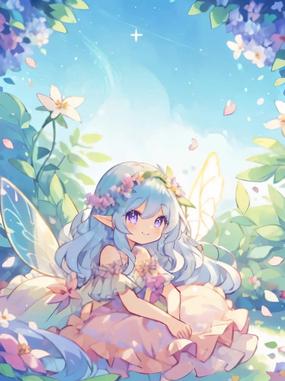 beautiful fairy girl in tiered colorful gradient ballgown dress, gradient sparkling Fairy dress, ((Skirt layered with multi-colored petals)), Fairy dress, magical forest、He is lying face down on a flower field facing me.、queen of the fairies, magical forestの背景, (Glowing fairy wings), ((giant shining fairy wings)), (Flowers and colorful plants), (Smiling happily)、There&#39;s a glowing aura around her, beautiful, masterpiece, highest quality、gradient hair, light blue hair, floating hair, wavy hair, Both hands are elegantly placed on the waist.、very long hair, hair ribbon, head wreath, light purple eyes, long eyelashes, pointed ears, light smile, bright pupils,beautiful蝶が舞う