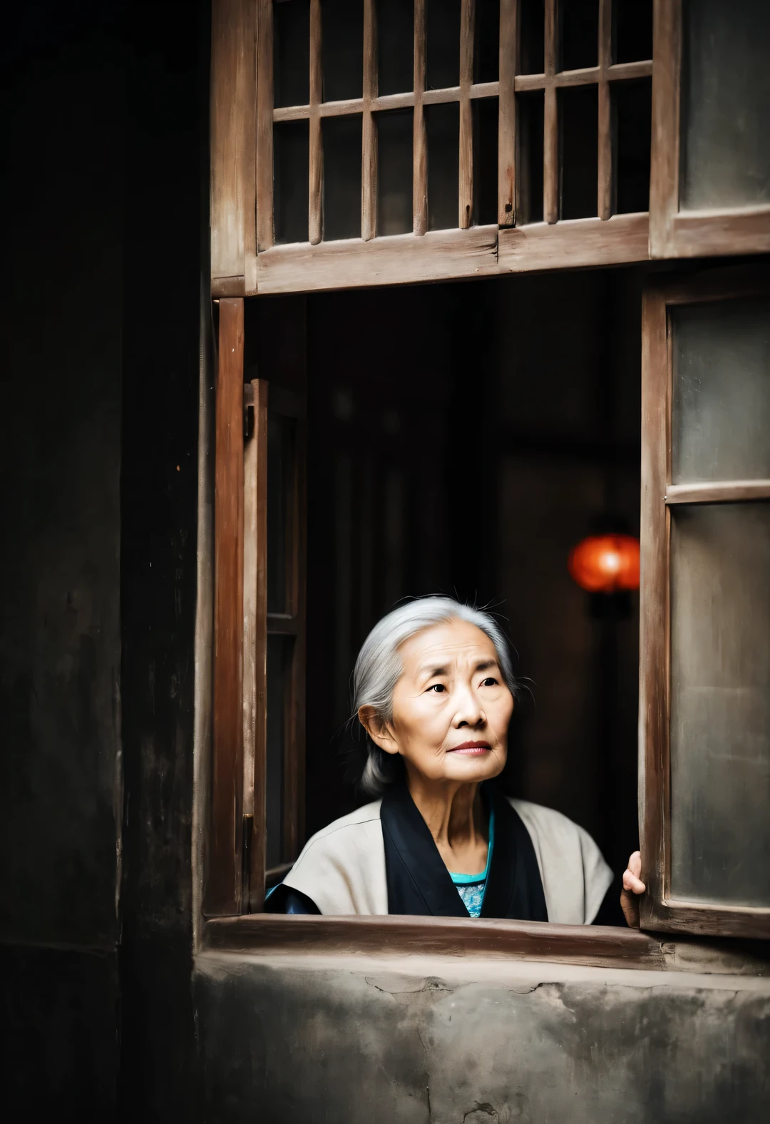 Vintage photography style ，(An old Chinese woman looks anxiously out of the window），expression bleak，Deep in the courtyard，High contrast lighting，Depth of field and people in the distance