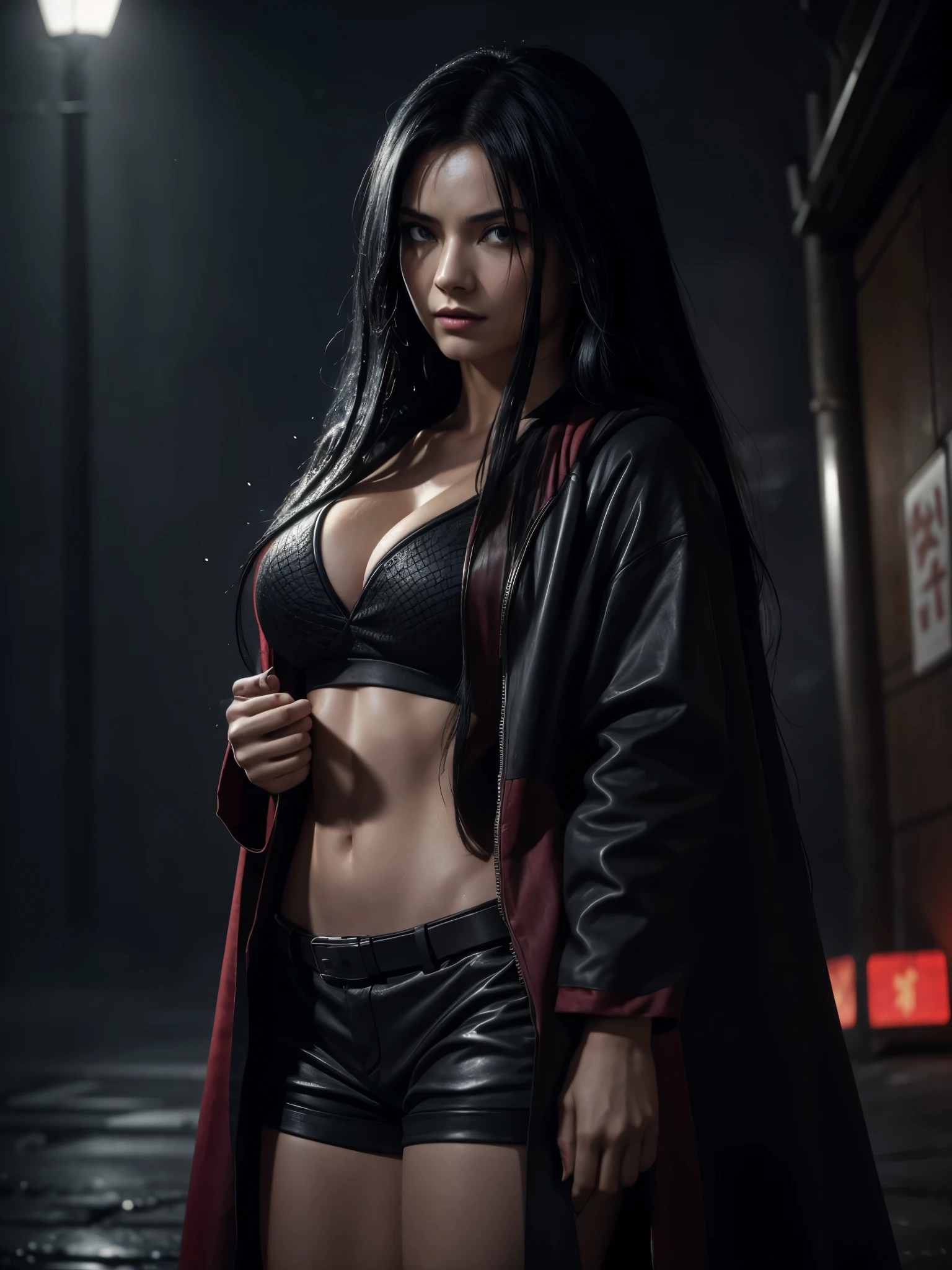 1 Solo, A realistic photograph of a woman with black hair in a very dark version, highlighting the shadows and contrasts, wearing an akatsuki cloak with details in black and red, she is in a dark street at night, with smoke, her hair is wet, colder and darker colors, smoke, dust, dark, horror effect, movie style. O manto está aberto na frente, Decote, e sexy, ela está usando luvas preta nas mãos, seu cabelo e rosto está molhado, está vestida com o manto da akatsuke, Her skin and clothes are wet. She is facing the camera and she has no mask on her face. She has blood stains on her clothes and she looks older. She has no rain and more smoke. She has long hair and looks very realistic. She has a more futuristic outfit. She has an aggressive pose showing her sharingan eyes. The style is similar to the third photo that I generated for you. She has the longest hair possible. She has no mask and her hair is black and messy. She has black hair. She has a more realistic face like a human woman from the real world. She has a different pose and angle than the previous photos. She has a slightly different expression and lighting than the previous photos.