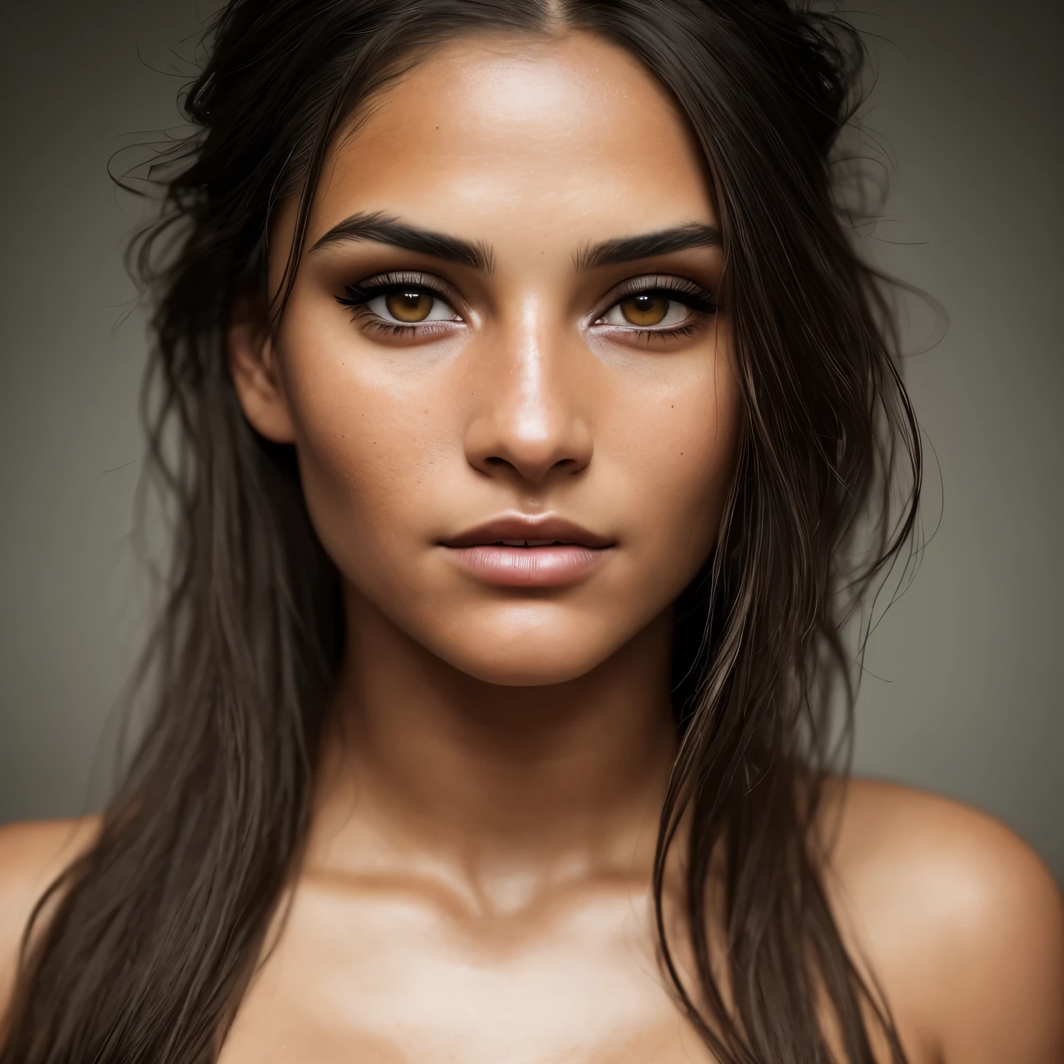 a photorealistic portrait of a stunningly beautiful tanned argentinian woman with light make-up, extremely detailed light honey eyes, detailed symmetric realistic face, extremely detailed natural texture, peach fuzz, windy long hair, masterpiece, absurdres, award winning photo by lee jeffries, nikon d850 film stock photograph, kodak portra 400 camera f1.6 lens, extremely detailed, amazing, fine detail, rich colors, hyper realistic lifelike texture, dramatic lighting, unrealengine, trending on artstation, cinestill 800 tungsten, looking at the viewer, photo realistic, RAW photo, TanvirTamim, high quality, highres, sharp focus, extremely detailed, cinematic lighting, 8k uhd,-imagine-