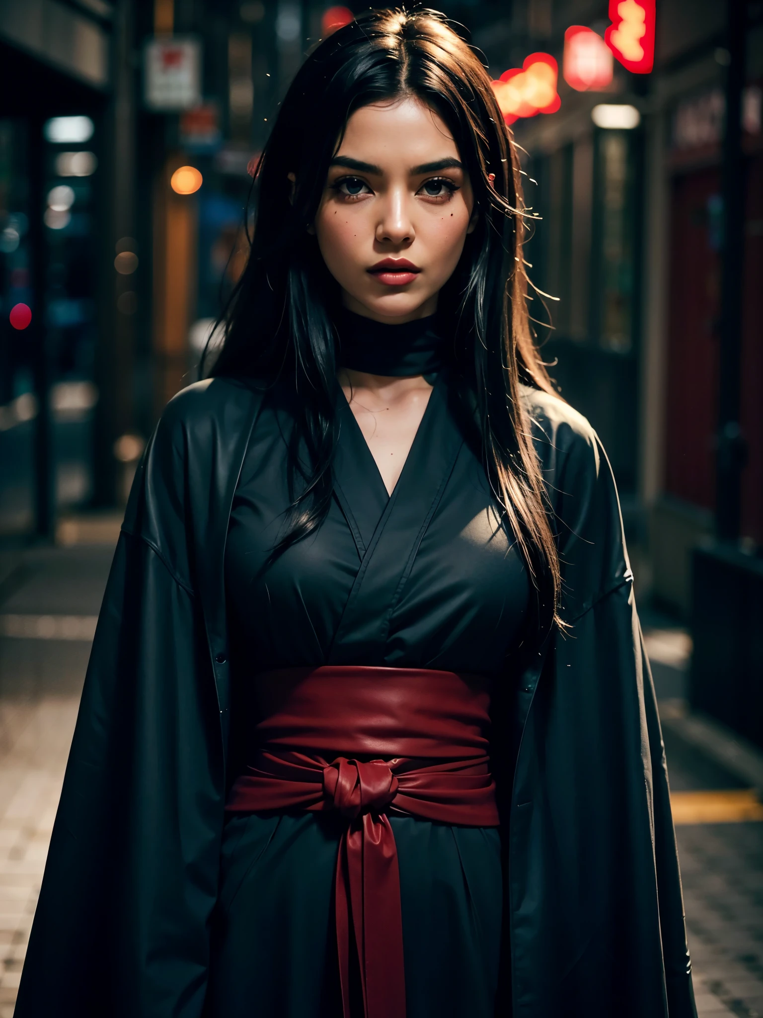 1 Solo, A realistic photograph of a woman with black hair in a very dark version, highlighting the shadows and contrasts, wearing an akatsuki cloak with details in black and red, she is in a dark street at night, with smoke, her hair is wet, colder and darker colors, smoke, dust, dark, horror effect, movie style. O manto está aberto na frente, Decote,  e sexy, ela está usando luvas preta nas mãos, seu cabelo e rosto está molhado, está vestida com o manto da akatsuke, Her skin and clothes are wet. She is facing the camera and she has no mask on her face. She has blood stains on her clothes and she looks older. She has no rain and more smoke. She has long hair and looks very realistic. She has a more futuristic outfit. She has an aggressive pose showing her sharingan eyes. The style is similar to the third photo that I generated for you. She has the longest hair possible. She has no mask and her hair is black and messy. She has black hair. She has a more realistic face like a human woman from the real world. She has a different pose and angle than the previous photos. She has a slightly different expression and lighting than the previous photos.