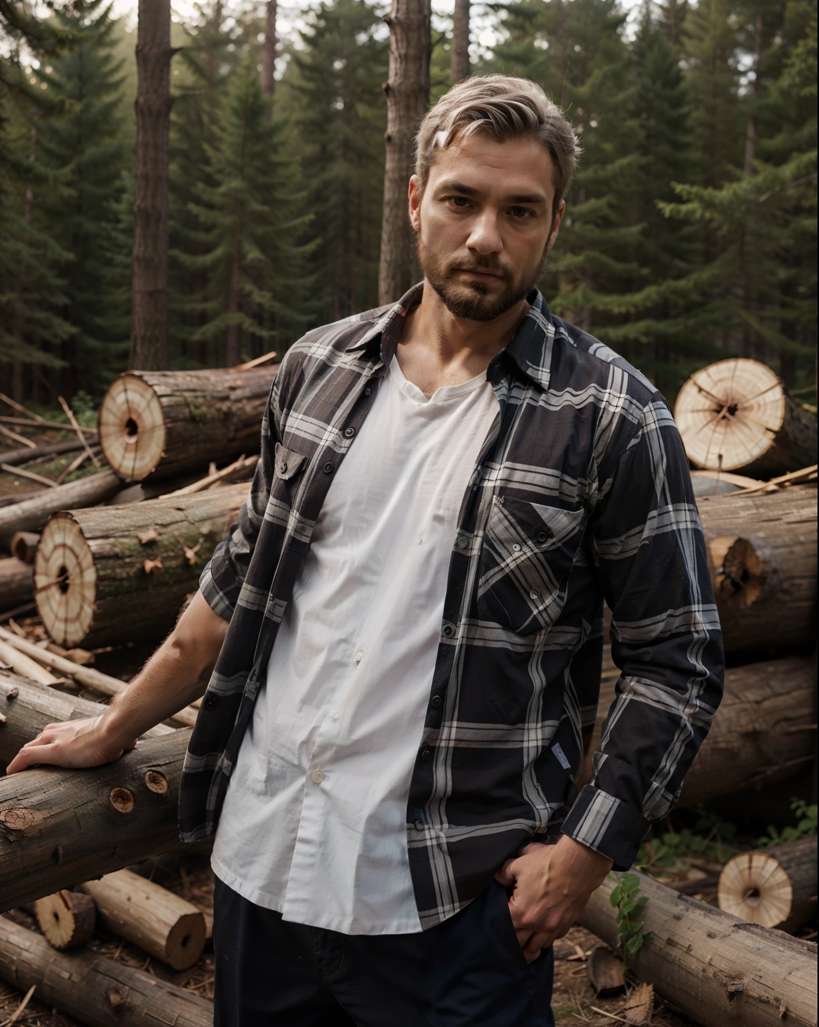 Best quality, masterpiec,ultra high res, one man, real shadow and light, Checkered shirt, open shirt,beard, short white hair, lumberjack, Carpenter, woods, logs.