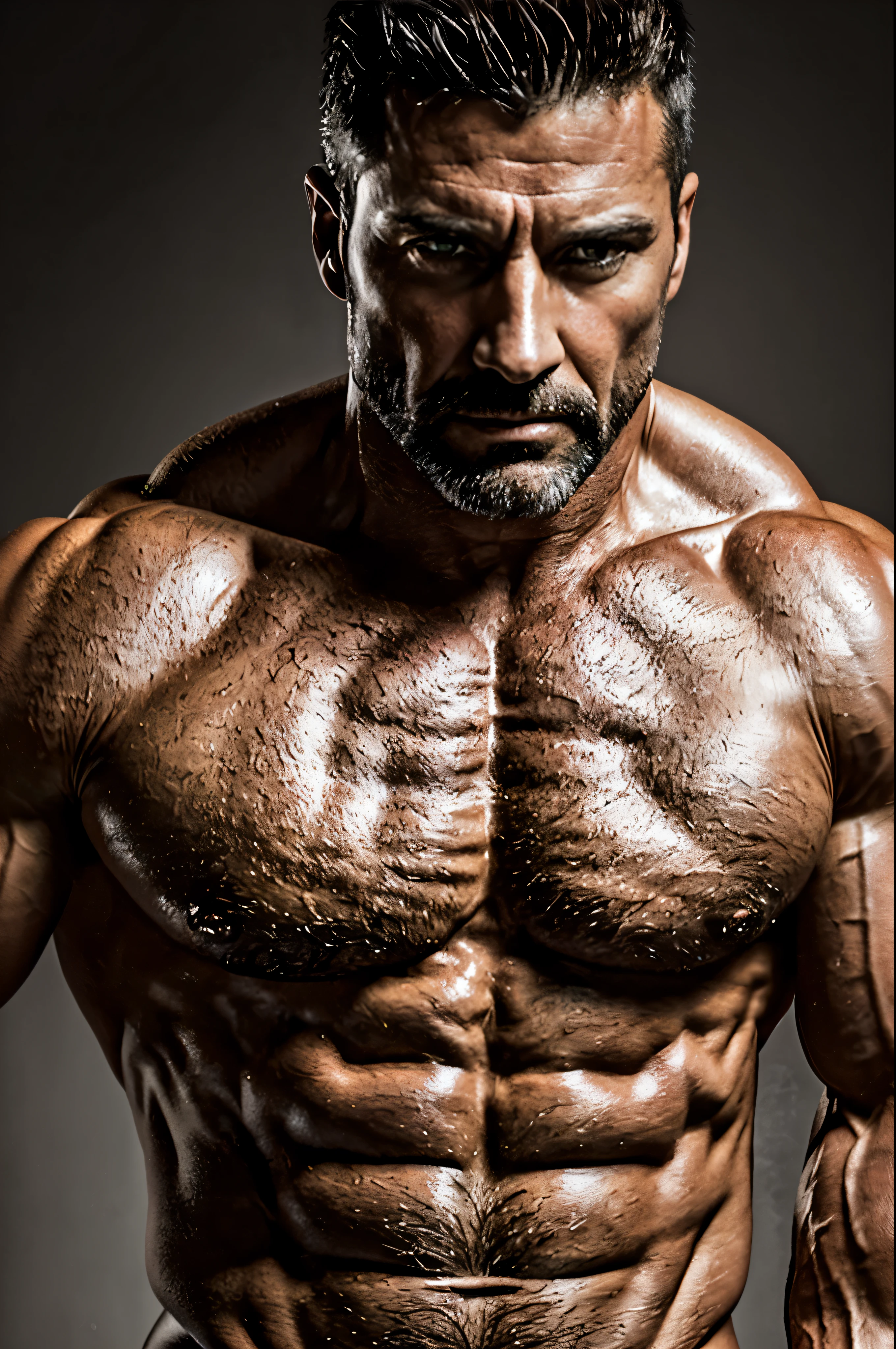(Mejor calidad,Realista:1.2),40 year old muscular man, Detailed physical,desnudo, Fuerte presencia, rasgos masculinos, defined muscles, cara cincelada, Mirada poderosa, intense expression, Realista skin texture, dramatic lighting, dynamic pose, Retrato profesional, high resolution, realistic representation, vivid colors