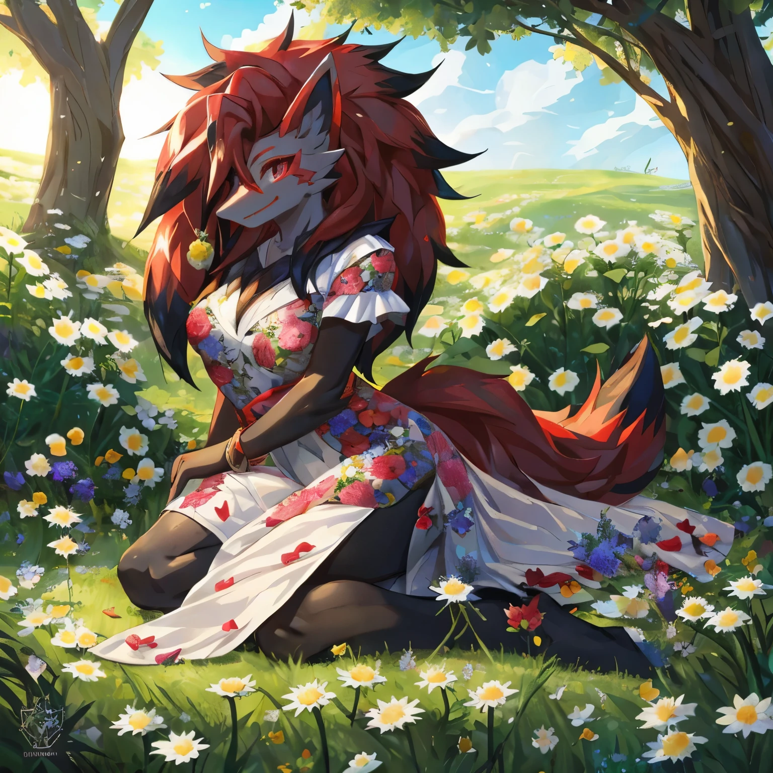 [by wizzikt], Female, solo, wolf, fluffly, furry, 18 years old, perfect proportions, beautifull drawing, dark lighning "In an enchanted meadow, the female zoroark rests on a lush carpet of varied flowers: from delicate daisies to vibrant lilies and exotic orchids. She wears a tight floral dress that highlights the beauty of the nature around her, merging harmoniously with the botanical palette. With grace and creativity, the female zoroark strikes a captivating pose. Its limbs intertwine with the flowers, creating a visually striking composition. The soft petals caress her skin, while the sunlight filters through the leaves and highlights the delicacy of her attire and the richness of the floral landscape."