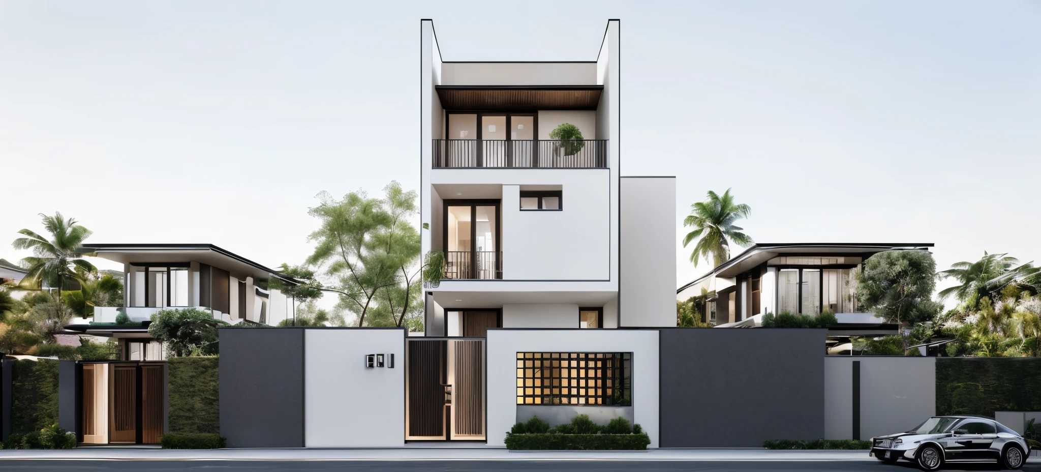 A (Photorealism:1.1) architect style indochine, clean linework, frontview, inter dimensional villa, (white wall:1.1), White column and wall details, (detail roof tile:1.1), (window glass detail:1.1), (wall lamp) 3rd floor details, (Balcony fence details:1.1), exterior design, white detailed sketch, neo - classical style, architectural illustration, realistic architecture, architectural concept, residential design, (masterpiece),(high quality), best quality, real,(realistic), super detailed, (full detail),(4k),8k,architecture, RAW photo,Masterpiece, high quality, best quality, authentic, super detail, exterior, outdoor town house style, street, white wall, lobitum roof, refection glass windows, climbing plant on the bacony,(straight line architecture arch:1.2), trees, beautifuL sky, (day:1.1),vray, people walking on the sidewalk in front of a house, photo render, corporate photo, digitally enhanced, render, exterior shot, photorealistic, screengrab, (god ray:1.1), digitally painted, transparent, front-view, an illustration of, full - view, discovered photo, still capture, unreal engine 5, octane render, cinematic, front lighting, ultra-detail, ((realistic)) depth of field, photography, ((Super detailed)), FKAA, TXAA, RTX, SSAO, Post Processing, Post-Production, CGI, VFX, SFX, Full color, HDR, Realistic,8k,((Unreal Engine 5)), Cinematic intricate detail, extreme detail, science, hyper-detail, FKAA, super detail, super realistic, crazy detail, intricate detail, reflected light on glass, eye-catching wall lights, unreal engine 5, octane render, cinematic, 8K,Detailed, High-fidelity, Viwvid, Crisp, The sun shines on the project,  Sharp, soft lighting, Bright, Stunning low, ((Lifelike)), Natural, ((Eye-catching)), Illuminating, Flawless, High-quality,Sharp edge rendering