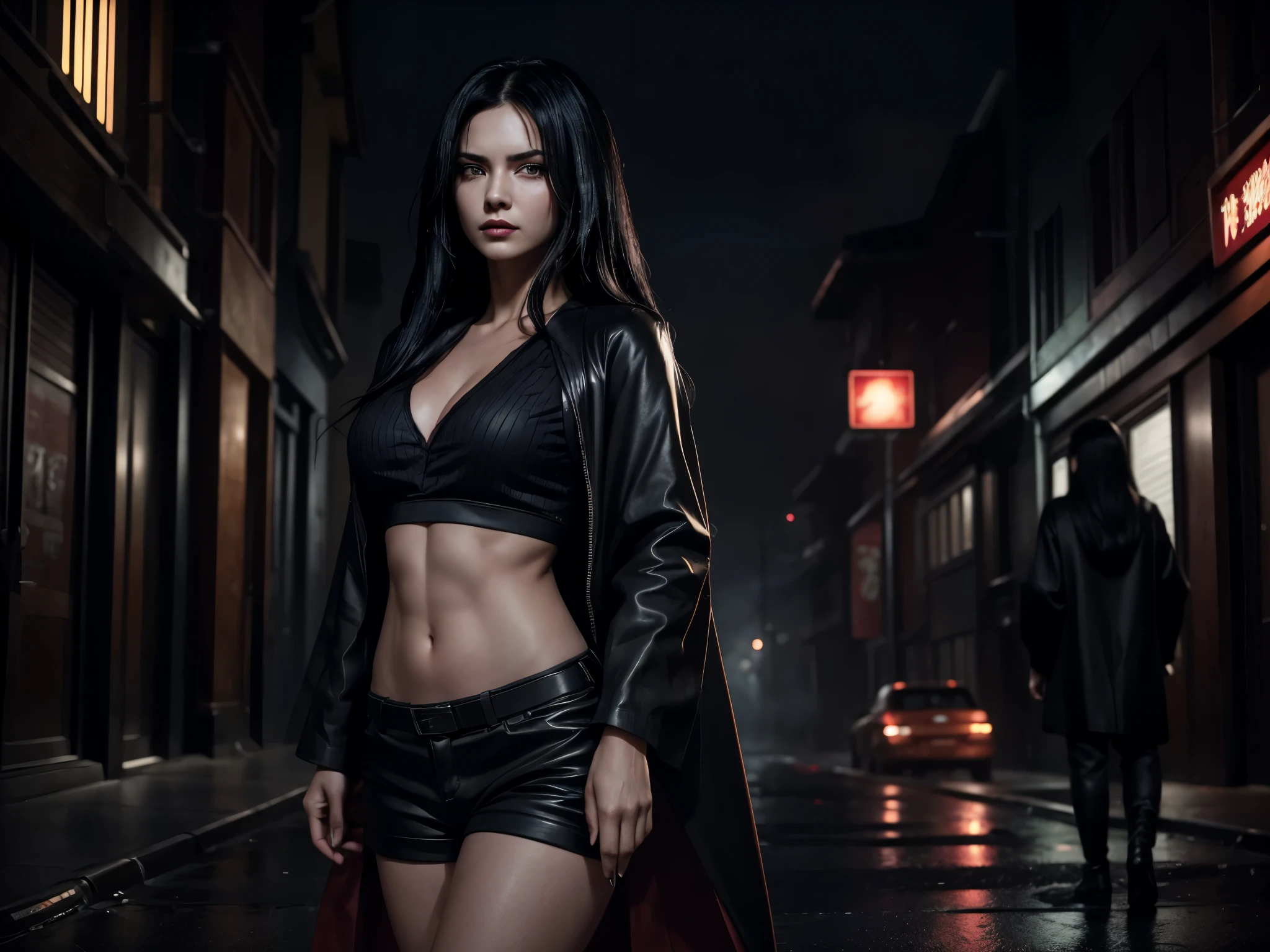 1 Solo, A realistic photograph of a woman with black hair in a very dark version, highlighting the shadows and contrasts, wearing an akatsuki cloak with details in black and red, she is in a dark street at night, with smoke, her hair is wet, colder and darker colors, smoke, dust, dark, horror effect, movie style. O manto está aberto na frente, Decote,  e sexy, ela está usando luvas preta nas mãos, seu cabelo e rosto está molhado, está vestida com o manto da akatsuke, Her skin and clothes are wet. She is facing the camera and she has no mask on her face. She has blood stains on her clothes and she looks older. She has no rain and more smoke. She has long hair and looks very realistic. She has a more futuristic outfit. She has an aggressive pose showing her sharingan eyes. The style is similar to the third photo that I generated for you. She has the longest hair possible. She has no mask and her hair is black and messy. She has black hair. She has a more realistic face like a human woman from the real world. She has a different pose and angle than the previous photos. She has a slightly different expression and lighting than the previous photos.