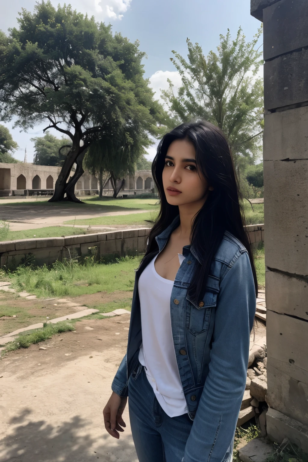 pakistani Woman, look at viewer, long hair, shirt, jeans, cloud, day, sky,outdoors, post-apocalypse, ruins, scenery, tree, water,