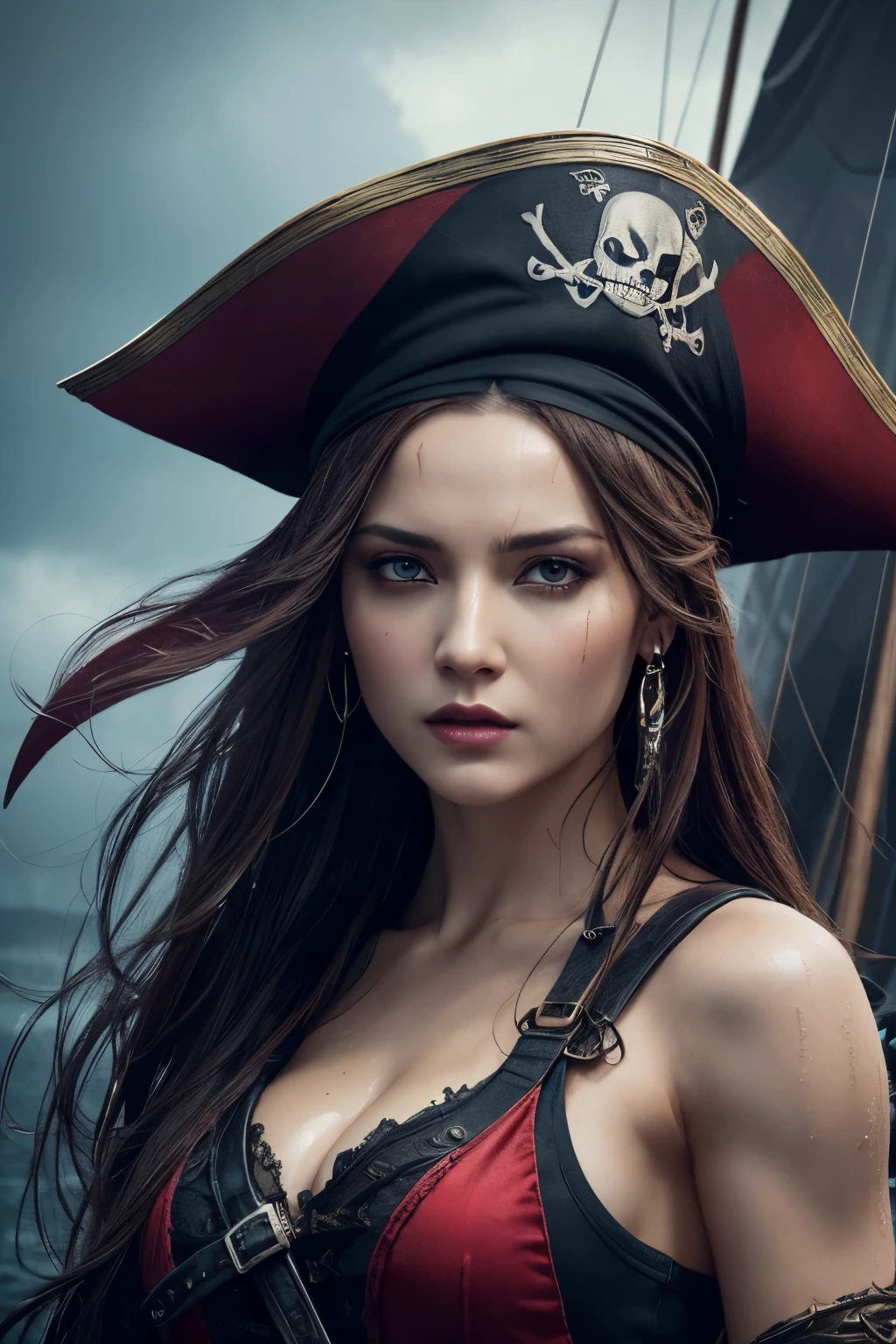 hyper realistic, photographed with a Leica camera, ultra quality, extreme detail, depth of field, stunning octane render, Unreal Engine 5, hyper photo realistic, intricate sharp details, dramatic lighting, incredibly detailed, a beautiful pirate girl wearing a pirate hat in the rain, takes 2 pirate guns on face, behind have pirats army fighting, sailpunk, fierce eyes, goddess of the underworld, incredible sharp detail, wet boody, rogue, pirate ship backgrpund.