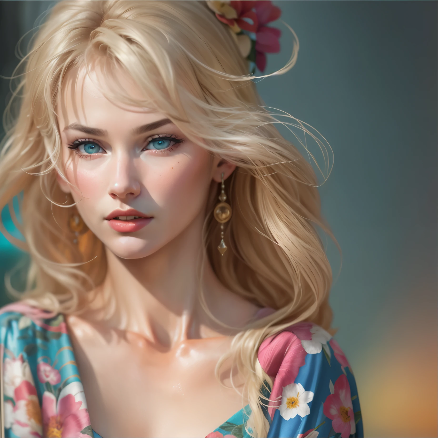 Blonde woman with blue eyes and floral dress posing for a photo, realistic digital painting, detailed beauty portrait, gorgeous digital painting, photorealistic digital painting, realistic digital illustration, complicated fuss, ultra realistic digital painting, highly realistic digital art, stunning digital paintings, Realistic Digital Art 4k, realistic digital art 4k, hyper realism. Fantasy 4K, cgsociety portrait