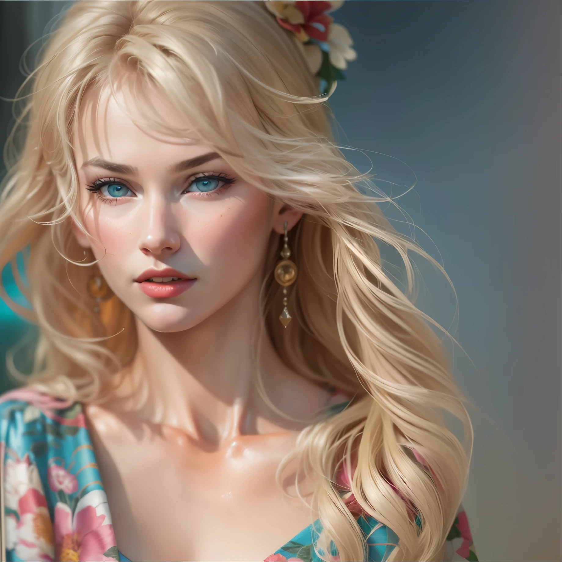 Blonde woman with blue eyes and floral dress posing for a photo, realistic digital painting, detailed beauty portrait, gorgeous digital painting, photorealistic digital painting, realistic digital illustration, complicated fuss, ultra realistic digital painting, highly realistic digital art, stunning digital paintings, Realistic Digital Art 4k, realistic digital art 4k, hyper realism. Fantasy 4K, cgsociety portrait