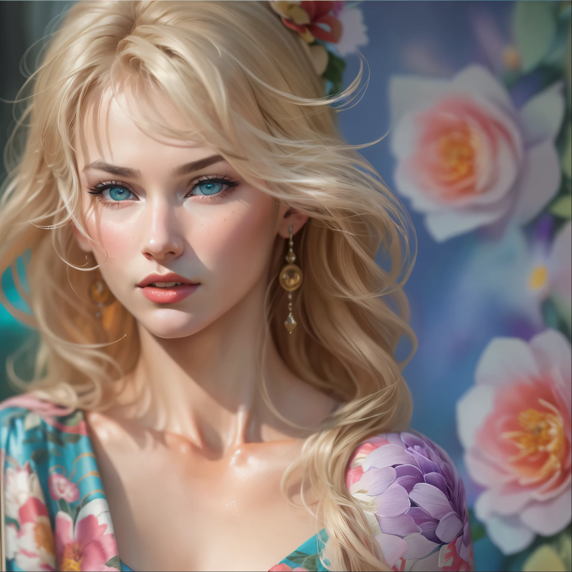 Blonde woman with blue eyes and floral dress posing for a photo, realistic digital painting, detailed beauty portrait, gorgeous digital painting, photorealistic digital painting, realistic digital illustration, complicated fuss, ultra realistic digital painting, highly realistic digital art, stunning digital paintings, Realistic Digital Art 4k, realistic digital art 4k, hyper realism. Fantasy 4K, cgsociety portrait