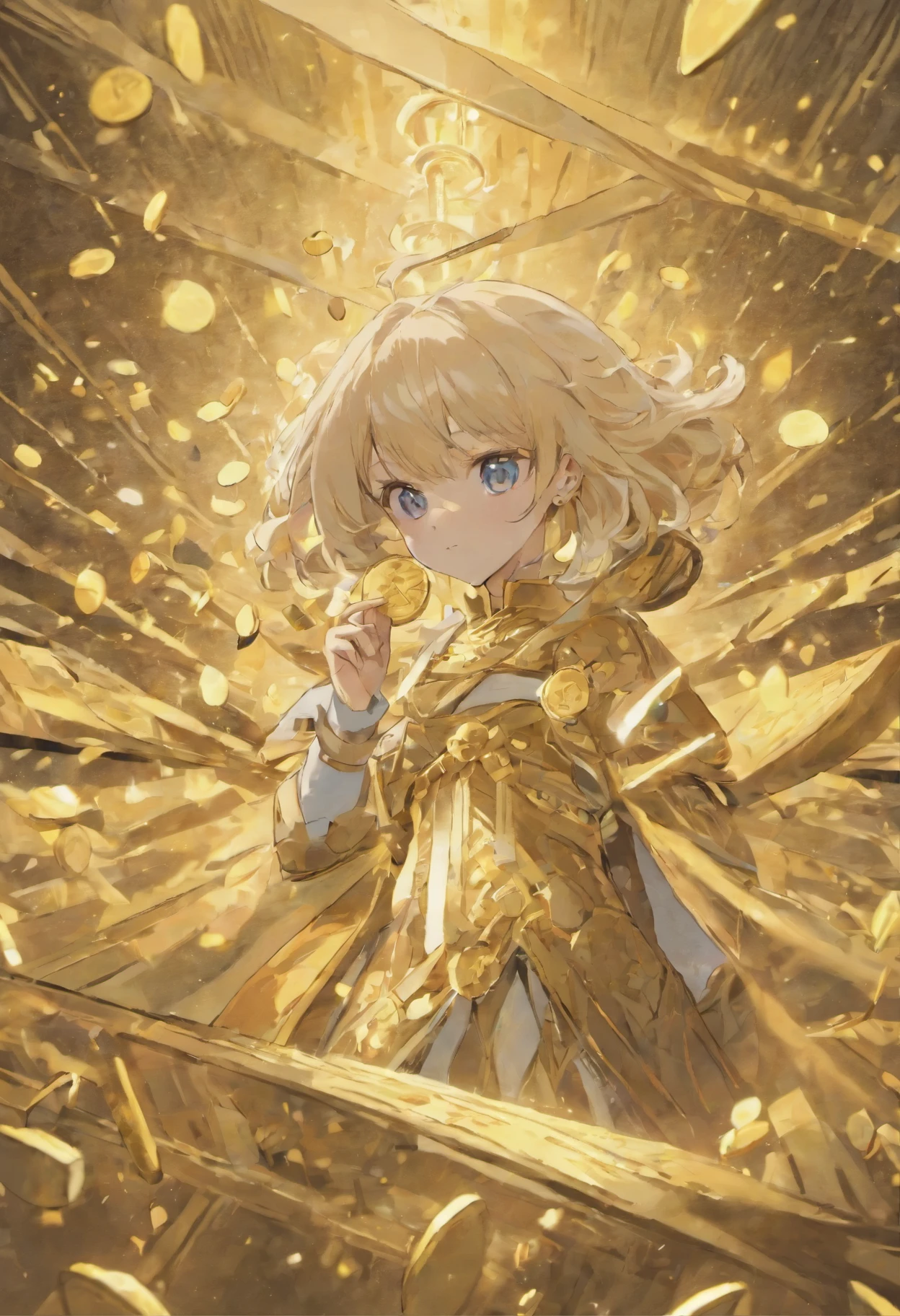 The white hand holds several gold coins,side