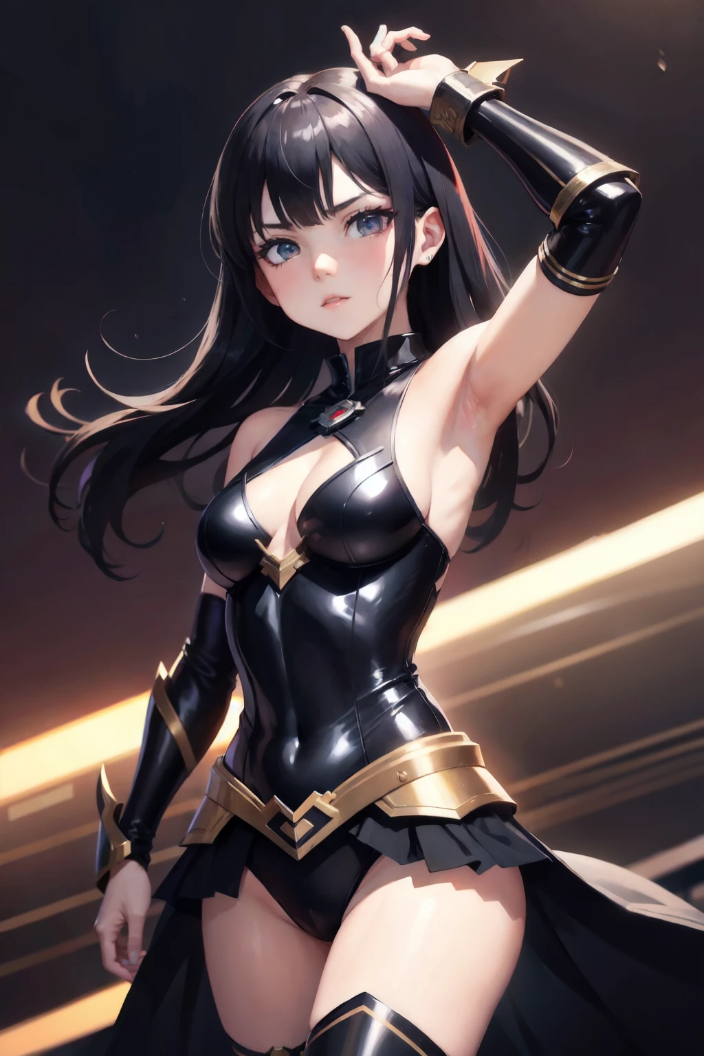 highest quality、cinematic lighting、jet black gladiator woman、Rin々nice face、arena、panties、jet black gladiator costume、