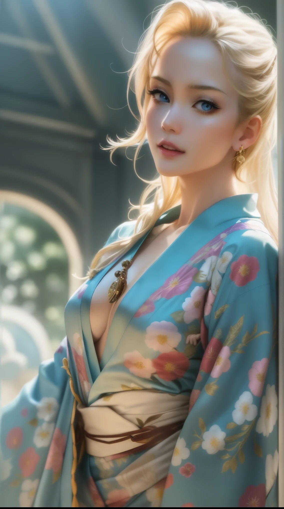 blonde woman in a blue kimono with flowers and a necklace, in kimono, in a kimono, wearing kimono, Wearing silk robes, pale and coloured kimono, inspired by Vincent Lefevre, wearing a luxurious silk robe, kimono, Dressed in robes, wearing a kimono, money, Mark Ariane, japanese kimono, in robes, lost run 8k
