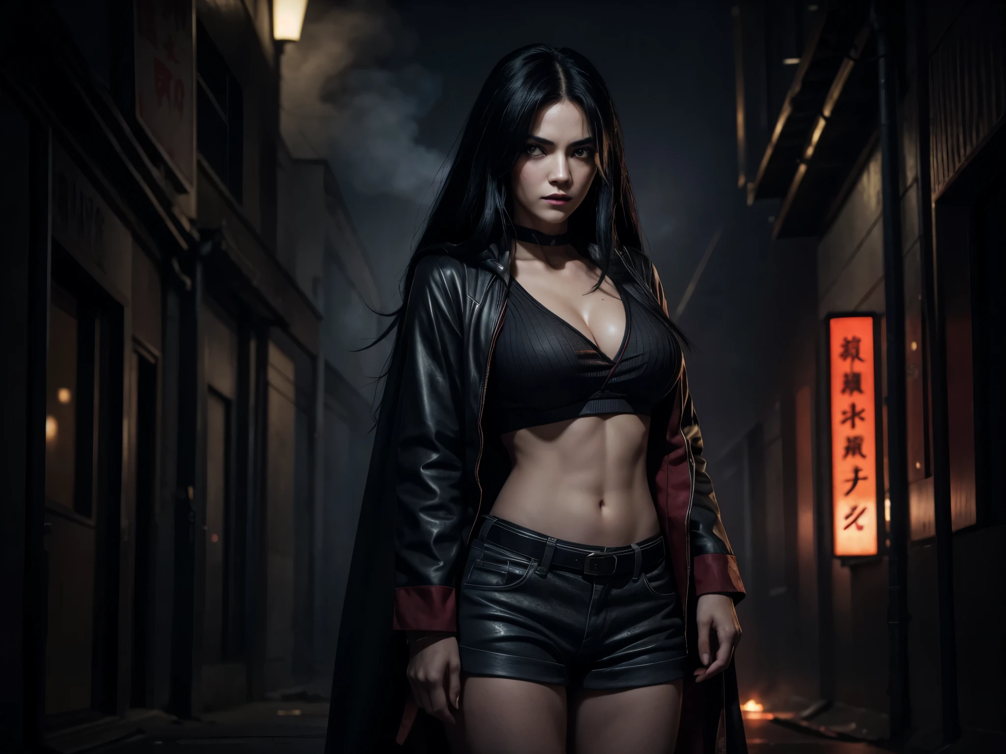 1 Solo, A realistic photograph of a woman with black hair in a very dark version, highlighting the shadows and contrasts, wearing an akatsuki cloak with details in black and red, she is in a dark street at night, with smoke, her hair is wet, colder and darker colors, smoke, dust, dark, horror effect, movie style. O manto está aberto na frente, Decote,  e sexy, ela está usando luvas preta nas mãos, seu cabelo e rosto está molhado, está vestida com o manto da akatsuke, Her skin and clothes are wet. She is facing the camera and she has no mask on her face. She has blood stains on her clothes and she looks older. She has no rain and more smoke. She has long hair and looks very realistic. She has a more futuristic outfit. She has an aggressive pose showing her sharingan eyes. The style is similar to the third photo that I generated for you. She has the longest hair possible. She has no mask and her hair is black and messy. She has black hair. She has a more realistic face like a human woman from the real world. She has a different pose and angle than the previous photos. She has a slightly different expression and lighting than the previous photoshop, pernas grossas, meias grandes, peitos grandes, 