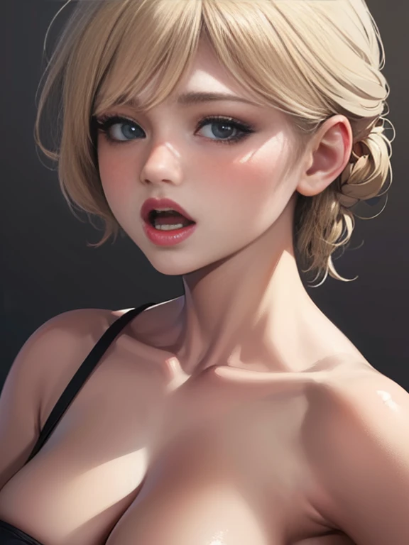 (best quality, 8k, highres, photorealistic:2.0), (solo, one girl:2.0),(lighting: front),(lighting: strong),(Russian Beauty:2.0),(platinum blonde hair:1.5),Blush brown makeup , dark eye makeup , use pink glossy lipstick,(emphasize cleavage),(shoulder strapless bra),((big breasts)),(open mouth:1.6),(Instructs viewers to masturbate),(gesture that commands the viewer to masturbate),(blow job gesture),(amazing orgasm:1.5)