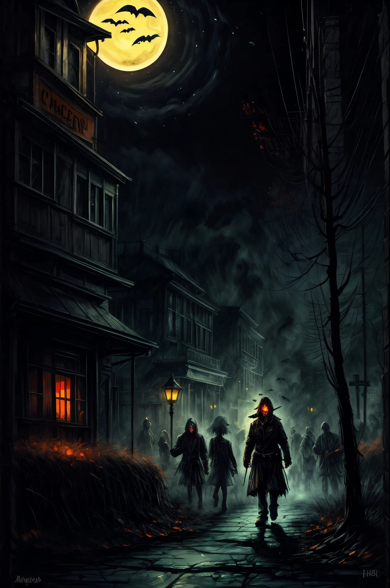 Illustration of a nightmarish Halloween night with zombies lurking the streets