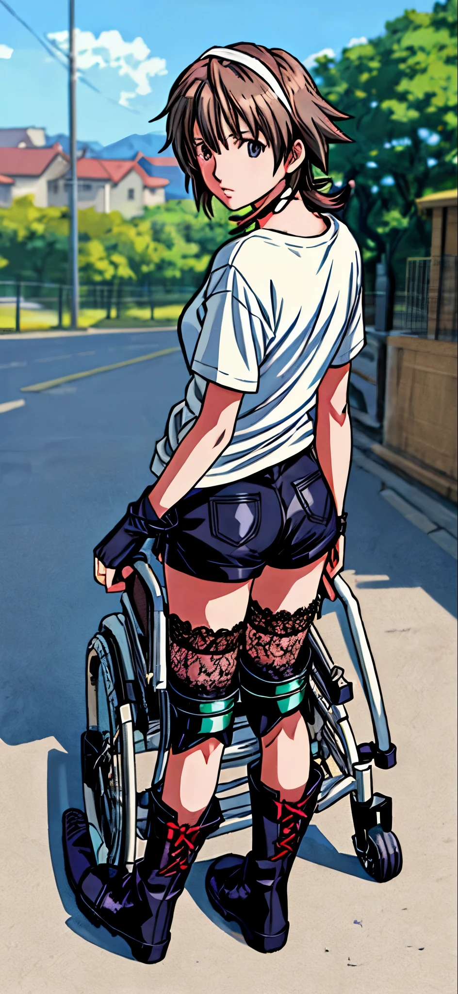 (highest quality,4K,8K,High resolution,table top:1.2), Super detailed, (realistic,photorealistic,photo-realistic:1.37), ((face close up)),((from behind)),sickly beautiful girl, sad,I was surprised,((gray hair color)),((medium long hair)), ((Being in a wheelchair)),((row a wheelchair)),((hair above the eyes)),((t-shirt)),((shorts)),((wear black open finger gloves)),((black lace-up long boots)),((knee pads)),((braces in legs)),espadrilles,beautiful and detailed eyes, beautiful detailed lips, highly detailed eyes and face, long eyelashes, realistic anime 3D style, Smooth anime CG art, Digital rendering by Makoto Shinkai, Moe anime art style, photorealistic rendering of an anime girl, Shinkai Makoto style, Cute anime girl visuals, realistic young anime girl, girl fan art, Created by Anime Artist'studio of.