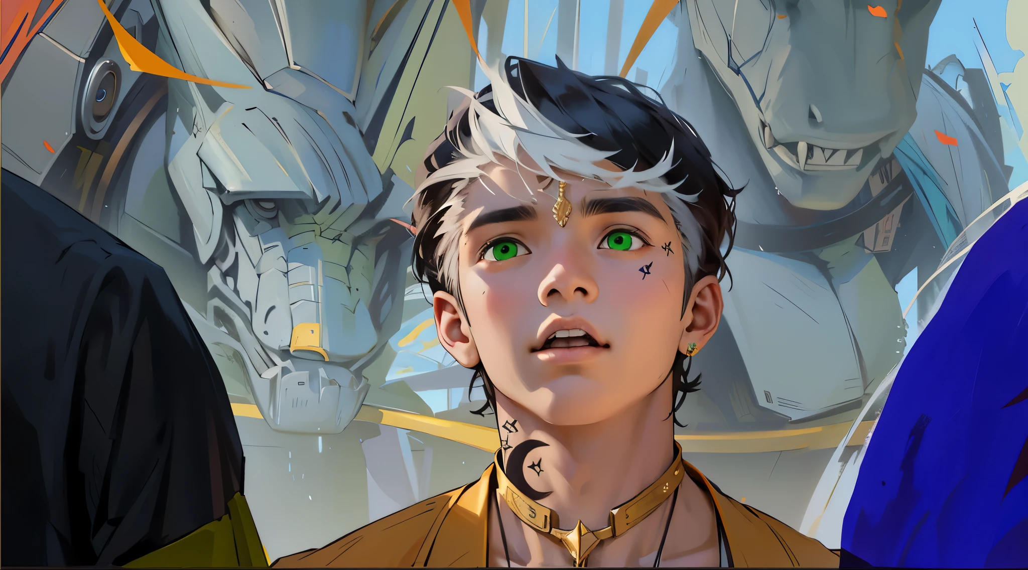 There is a young man talking with his mouth open. The young man is 14 years old. He stands up. He is talking to his friends in a confident manner.