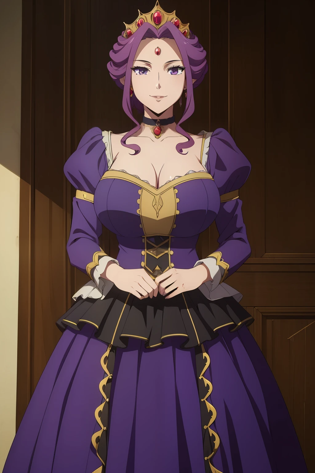 ((masterpiece, best quality:1.4)), illustration, 8k, hd, cowboy shot, anime style, detail face, (detail eyes) , mirellia q melromarc, huge breasts, standing, solo, Purple royal dress, Black skirt, High collar, Choker, Crown, smile