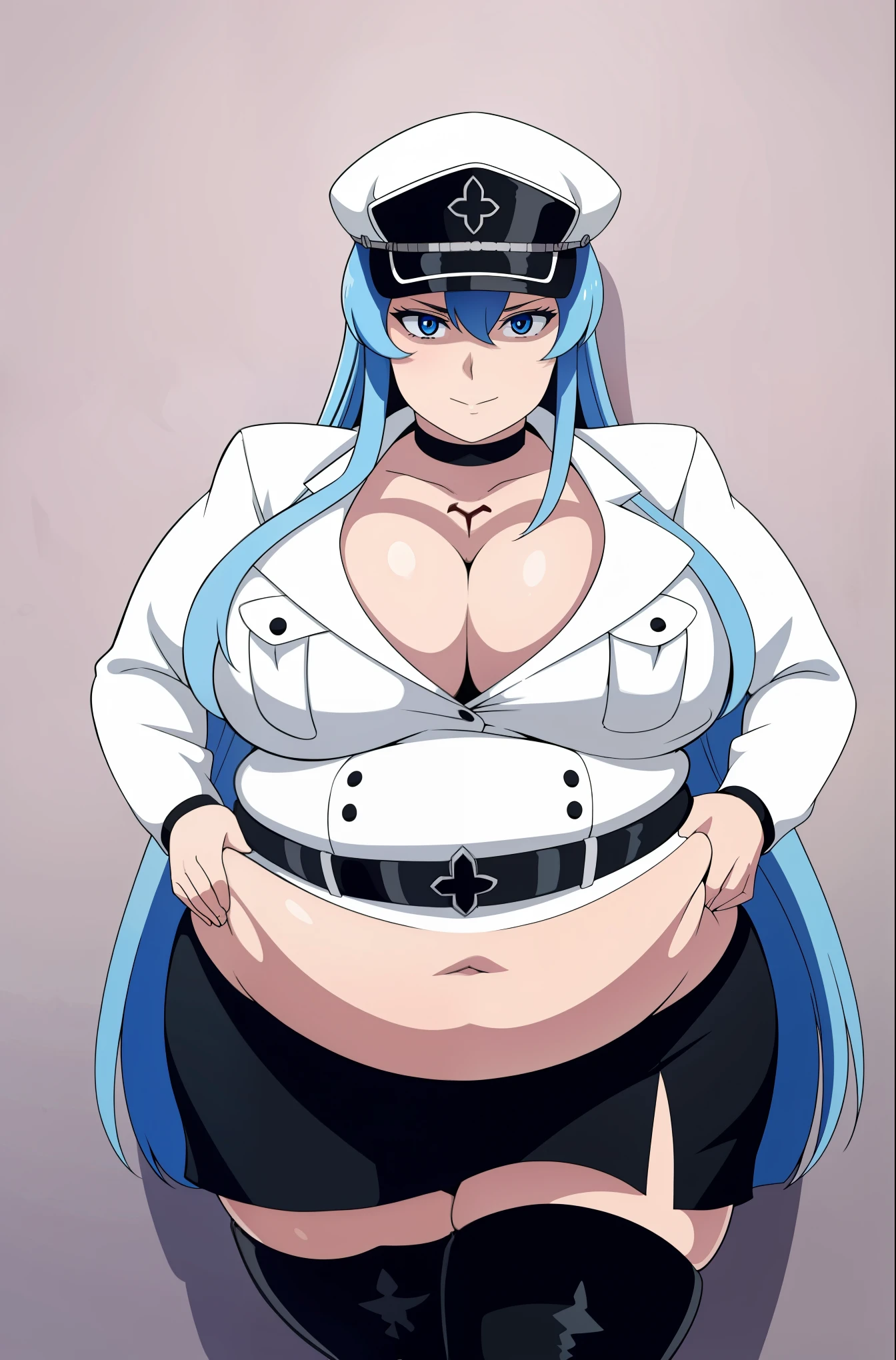 belly poking out, fat, cleavage, (masterpiece), (best quality),highres, ultra detailed, professional lighting, photography, esdeath, long hair ,blue hair, blue eyes, formal wear, blouse, peaked cap, thigh boots, black belt ,black dress, black tie,black pantyhose, looking at viewer, goddess, detailed background, gala party, glamor,