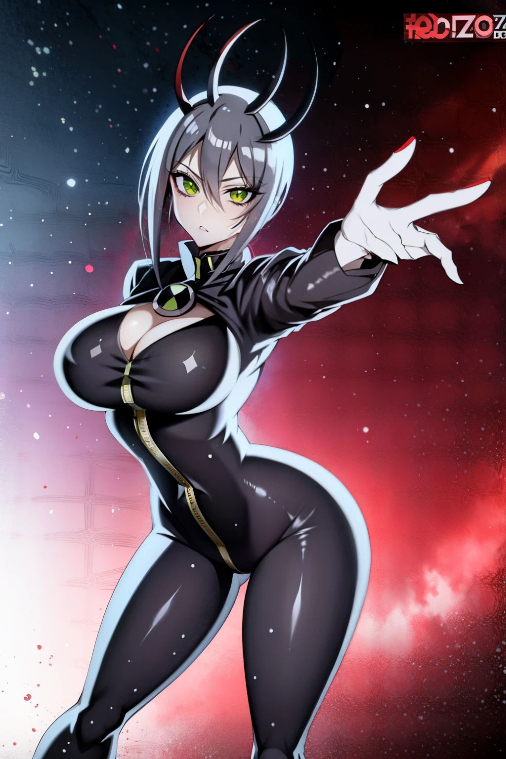 colorful manga,estilo Hellsing ,tem uma pose de corpo completo inteiro,uma mulher ela usa uma jaqueta vermelha,ela usa camisa preta, gray pants, white sneakers, ela tem cabelos cinza, ela tem no pulso um bracelete vermelho grande, ela tem olhos vermelhos, e sempre parece estar com raiva.