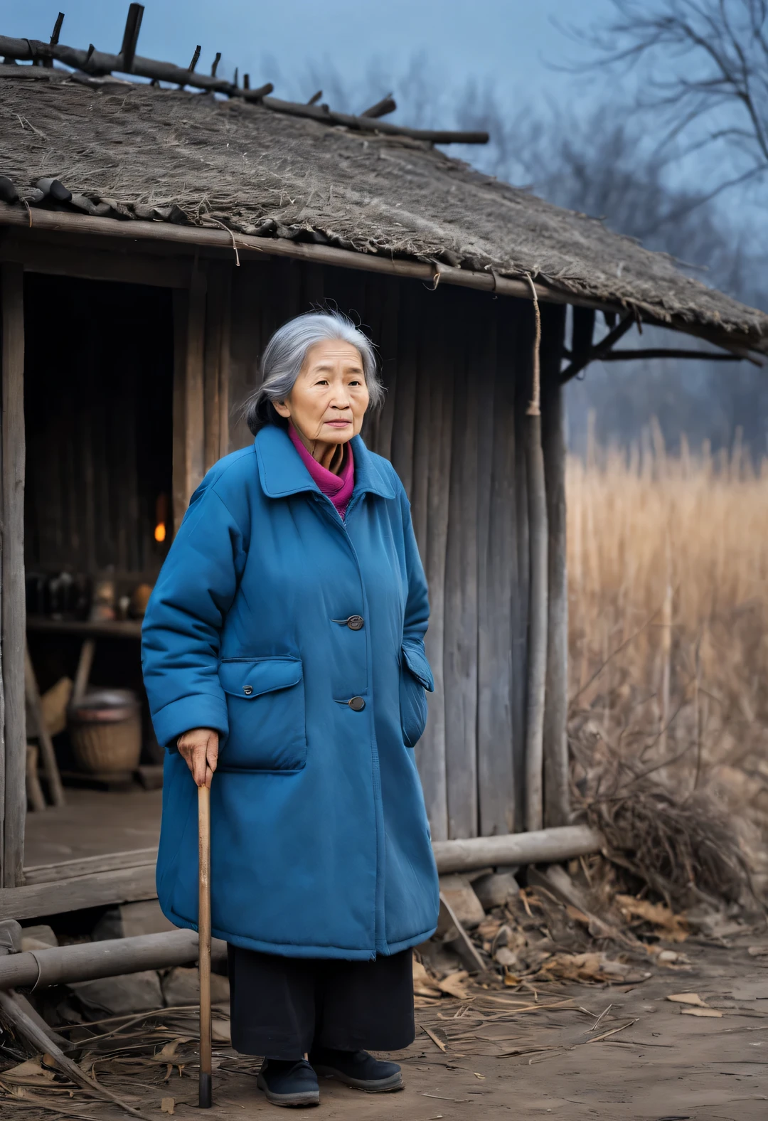 Vintage photography style ,On a cold winter evening,An old mother stands in front of a dilapidated hut,Waiting for the children from far away to go home for the New Year,Her figure looks particularly determined in the afterglow。My old mother is over seventy years old,Her face was engraved with traces of time,Wrinkles may be deep or shallow,Like a land that has experienced wind and rain。Those eyes are a little cloudy,But it still reveals a kind of persistence and expectation for family affection。
Wearing an old-fashioned blue cotton-padded jacket,The cuffs are badly worn,But still clean and tidy。Her hands,Although a little trembling,But clutching the old crutch tightly,in this long wait,Grandma’s eyes look into the distance from time to time,This is a deep expectation and waiting。Her heart is filled with thoughts and blessings for her children,The wind is very cold,Grandma always stood there firmly,touch。when night falls,Grandma’s figure gradually becomes blurry。