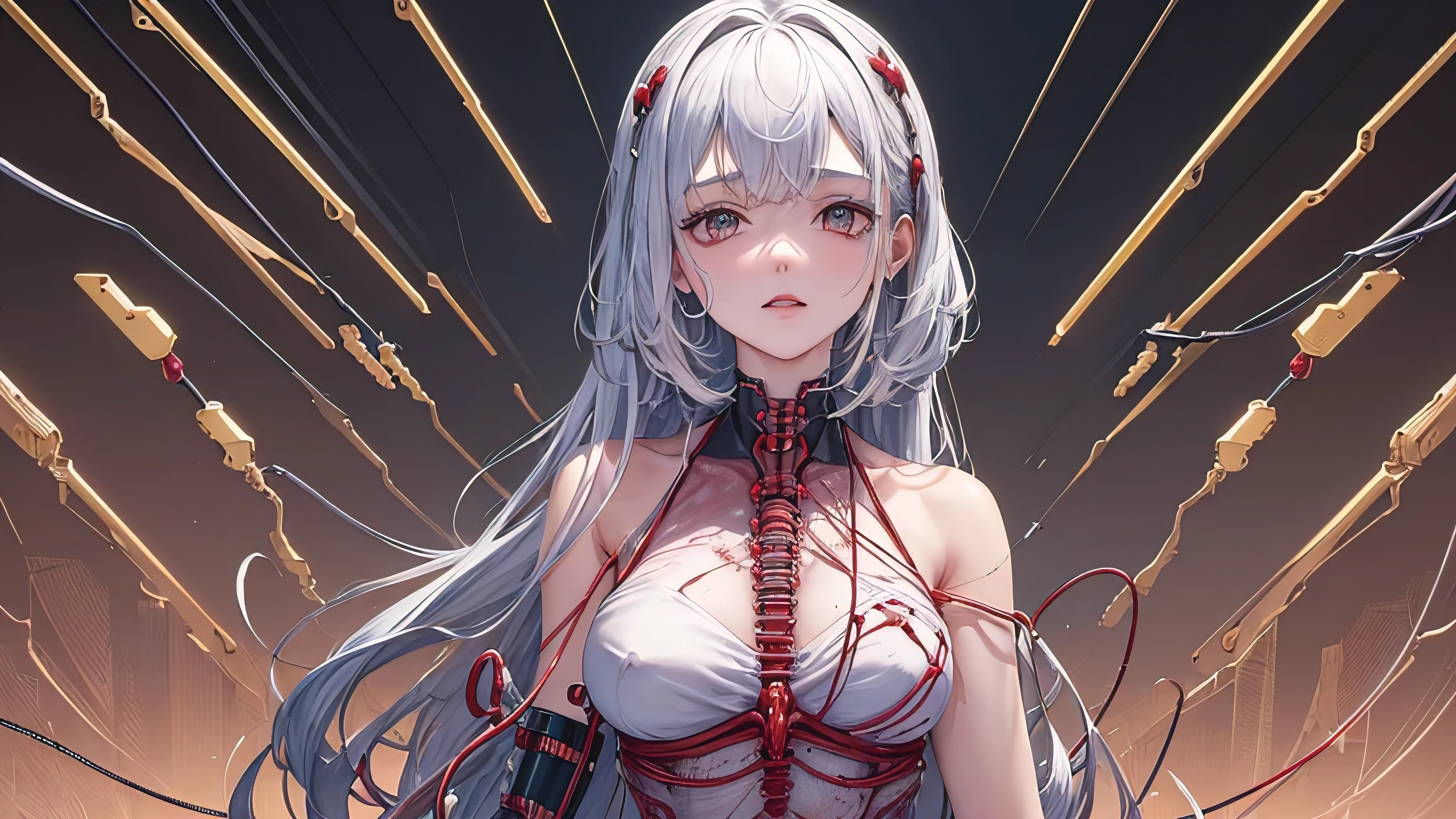 (master part, qualidade superior, best quality, Arte Oficial, Beautiful and Aesthetic:1.2), (1girl:1.3), extremamente detalhado,Colouring,mais alto detalhado ((ultra-detalhado)), (Highly detailed CG illustration), ((um extremamente delicado e bonito)),(lateralmente),Cinematic light,((1Mechanical girl)),sozinho,corpo inteiro,(machine made joints:1.2),((mechanical blood vessels connected to tubes),(mechanical vertebra attaching to back),((mechanical cervial attaching to neck)),(sentado),no expression,(wires and cables attaching to neck:1.2),(wires and cables on the head:1.2)(foco no personagem),science fiction,fundo branco,(sangue:1.5)
