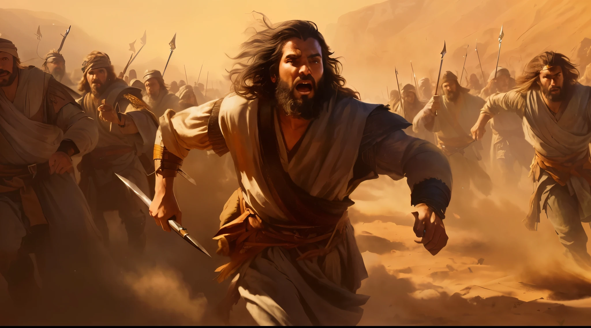 imagem arafada de um homem correndo com uma espada na frente de um grupo de homens, pintura de golias, epic biblical representation, bible illustration, liderando uma batalha, by Jason Felix, moisés, award - winning epic painting, portrait of bedouin d&d, por Artur Tarnowski, Direction: Johannes Helgeson, Rob Rey, liderando espartanos na batalha