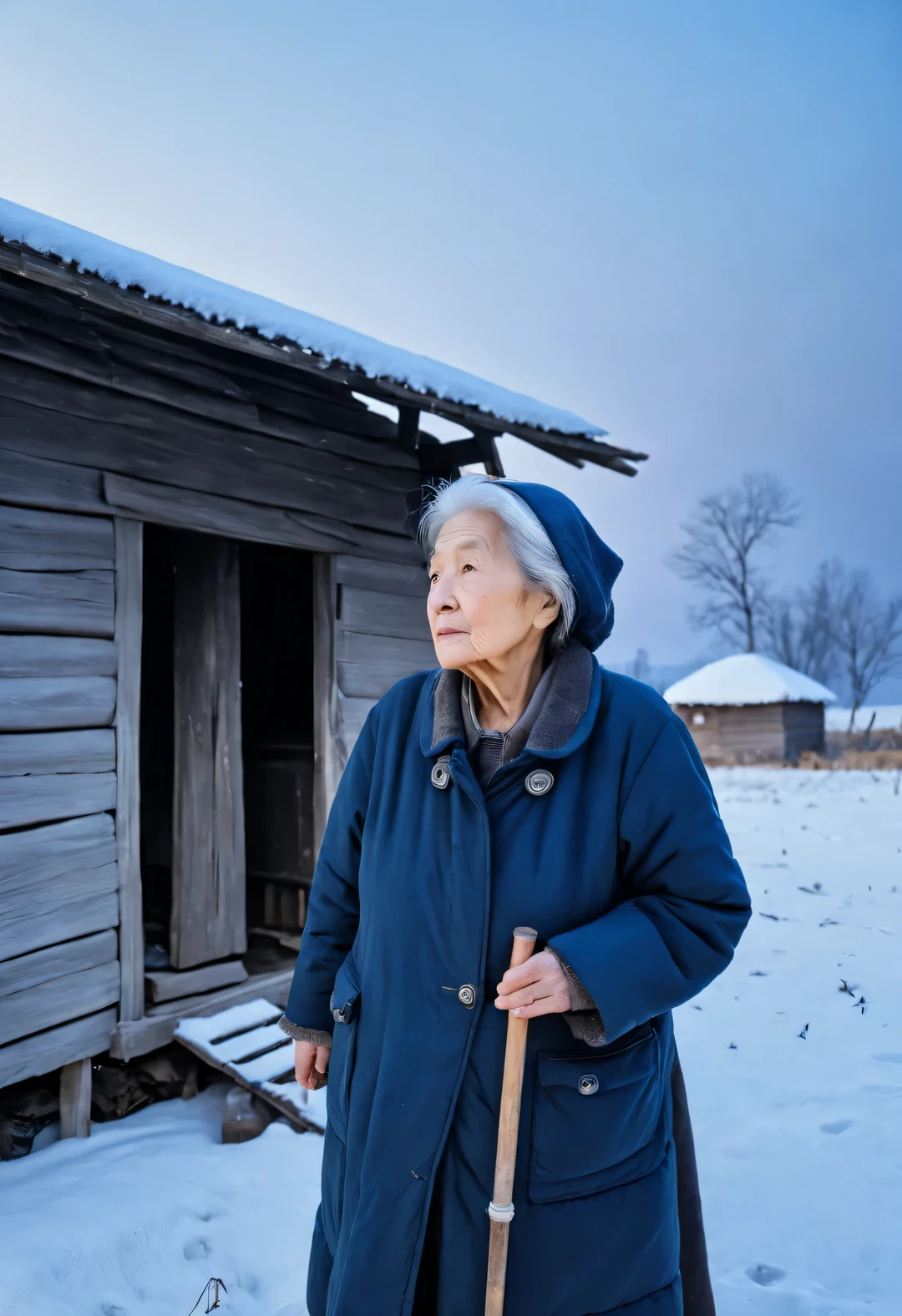 Vintage photography style ，In the snowy dusk of winter，An old mother stands in front of a dilapidated hut，Waiting for the children from far away to go home for the New Year，Her figure looks particularly determined in the afterglow，My old mother is over seventy years old，Her face was engraved with traces of time，Wrinkles may be deep or shallow，Like a land that has experienced wind and rain，Those eyes are a little cloudy，But it still reveals a kind of persistence and expectation for family affection。 （Wearing an old-fashioned dark blue cotton-padded jacket，The cuffs are badly worn，But still clean and tidy），Her hands，Although a little trembling，But clutching the old crutch tightly，in this long wait，Grandma’s eyes look into the distance from time to time，This is a deep expectation and waiting。Her heart is filled with thoughts and blessings for her children，The wind is very cold，Grandma always stood there firmly，touch。when night falls，Grandma’s figure gradually becomes blurry。