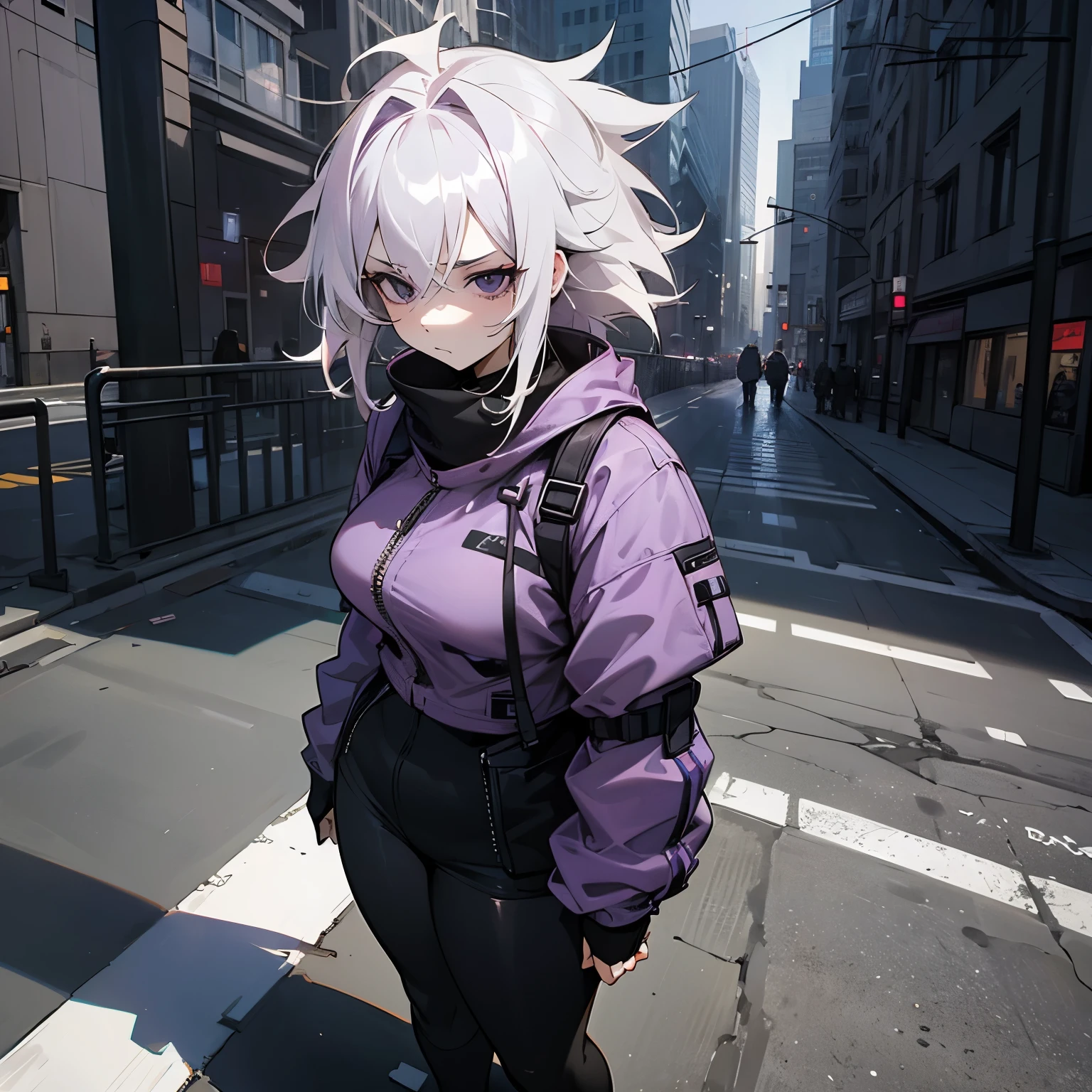 1female , Pale Grey Hair , Purplish Black Eyes , Emotionless Expression , Modern City Background, Messy Hair, Standing on Sidewalk, Curvy