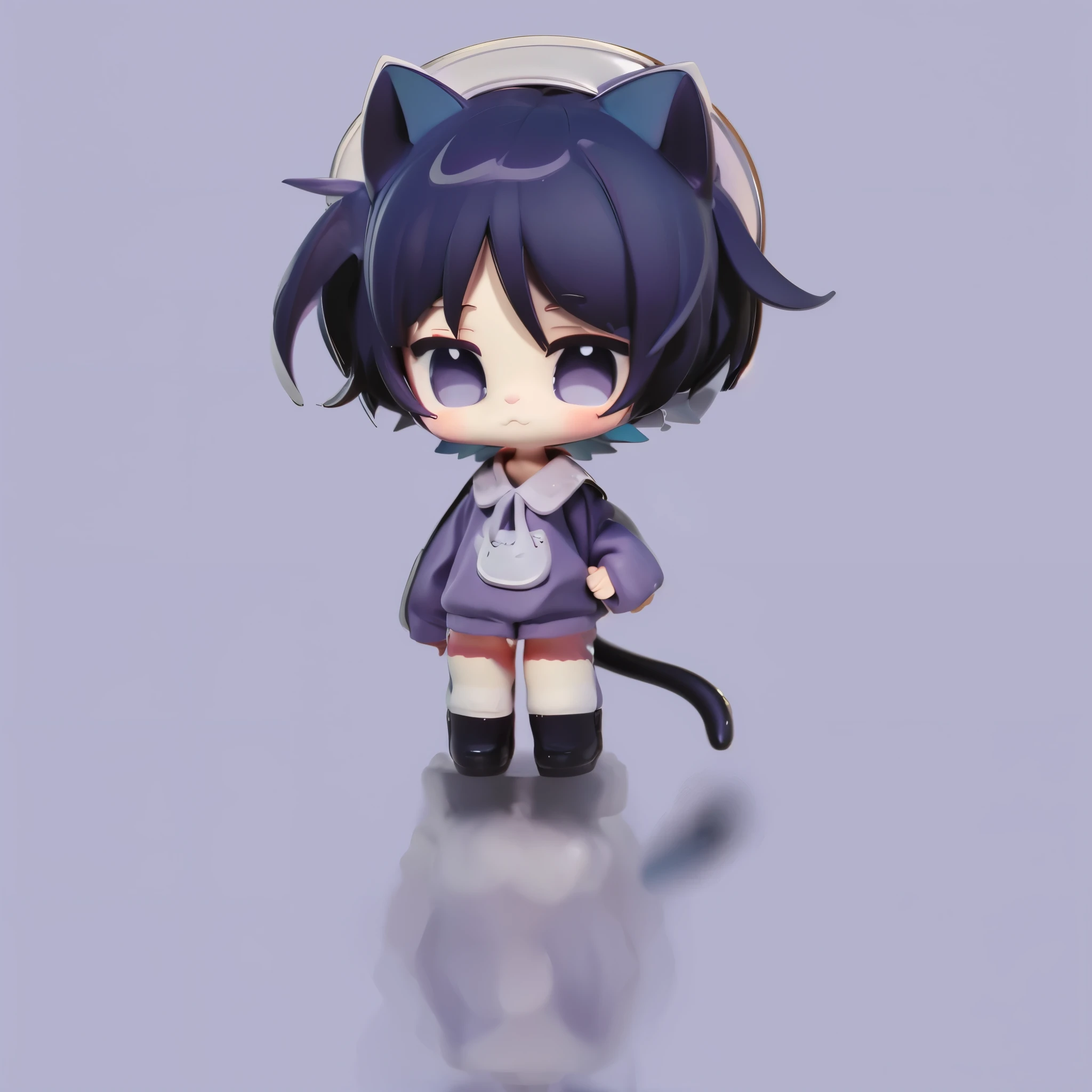 C4d modeling 3d rendering high-definition soft color ultra-light clay material blind box hand-made style girl，Purple hair，Purple clothes，Purple eyes with cat tail，Has cat ears，Anthropomorphic cat wearing a hat, cute, beautiful, fine lines, Morandi color scheme